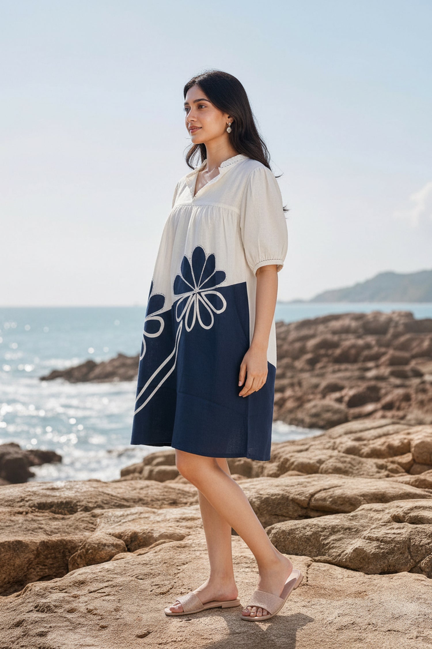 Monochrome Dahlia Cotton Tunic Short Dress