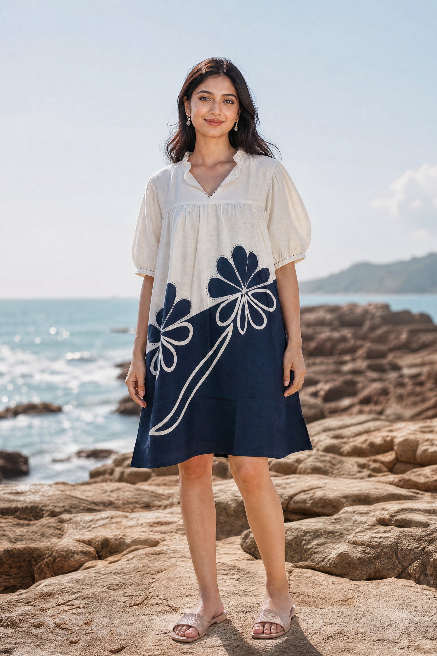 Monochrome Dahlia Cotton Tunic Short Dress