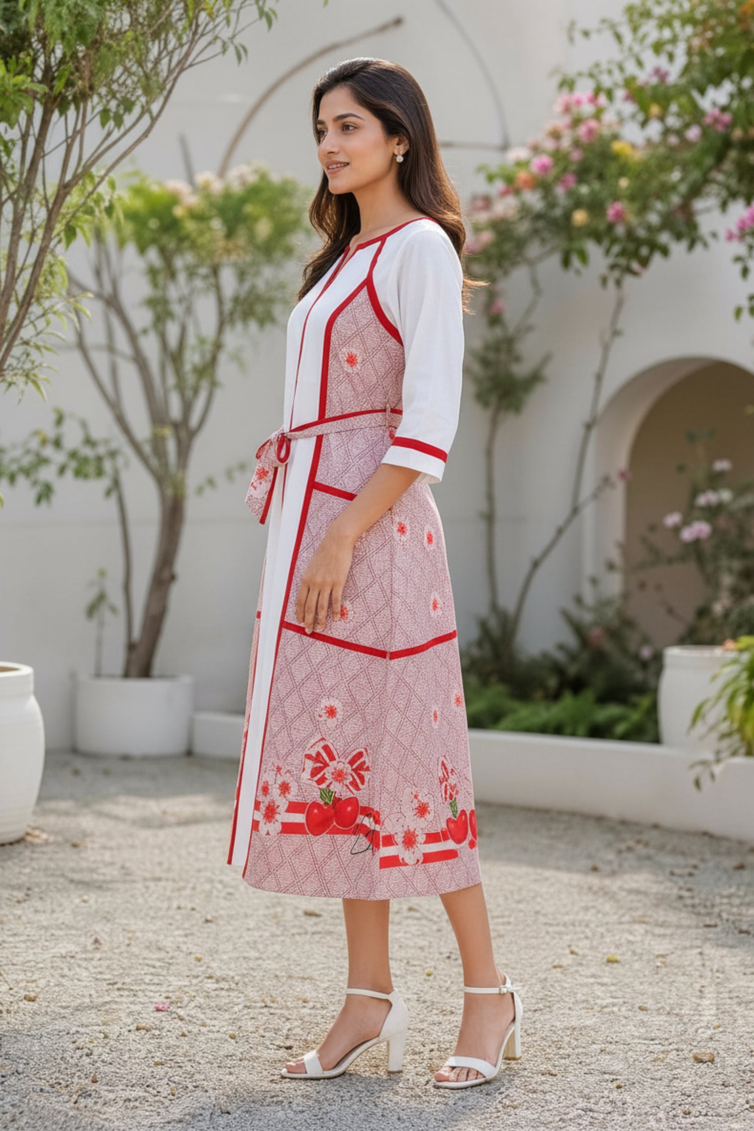 Women's White Cherry Breeze Prints A-line Cotton Dress.