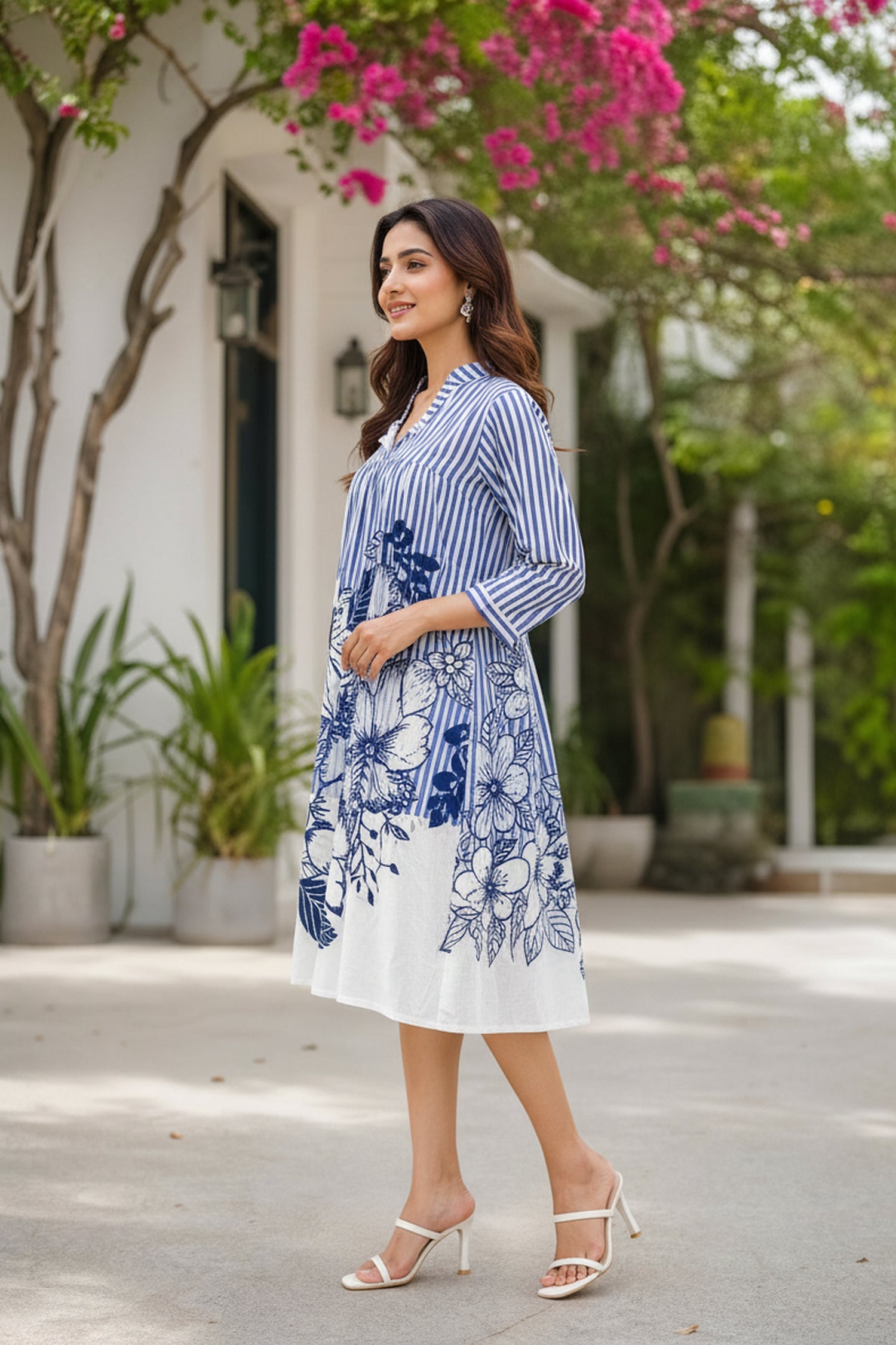Blue & White Striped A-Line Tunic Shirt Dress.