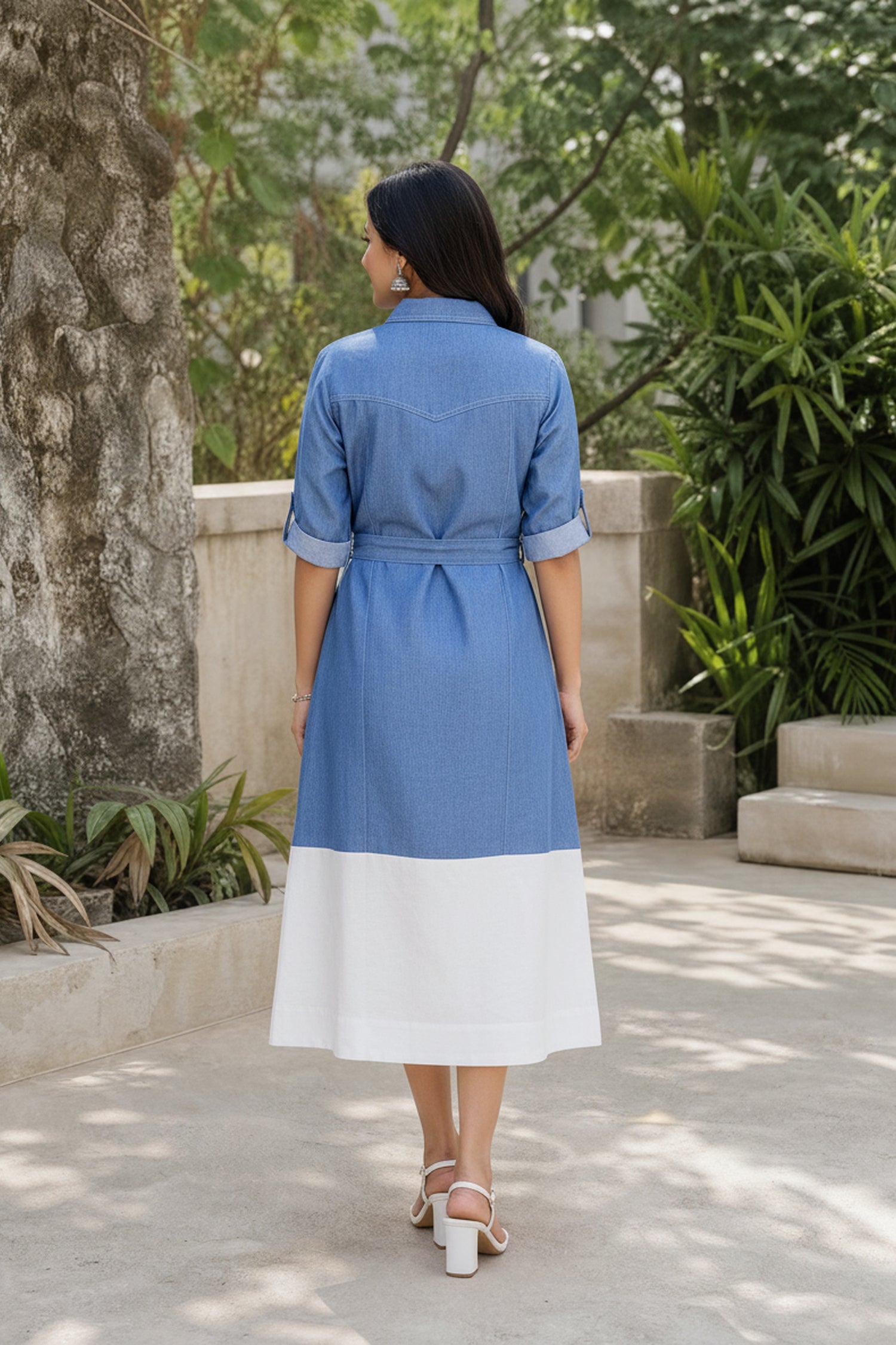 Denim Ochre Belted & Floral Applique Midi Dress.