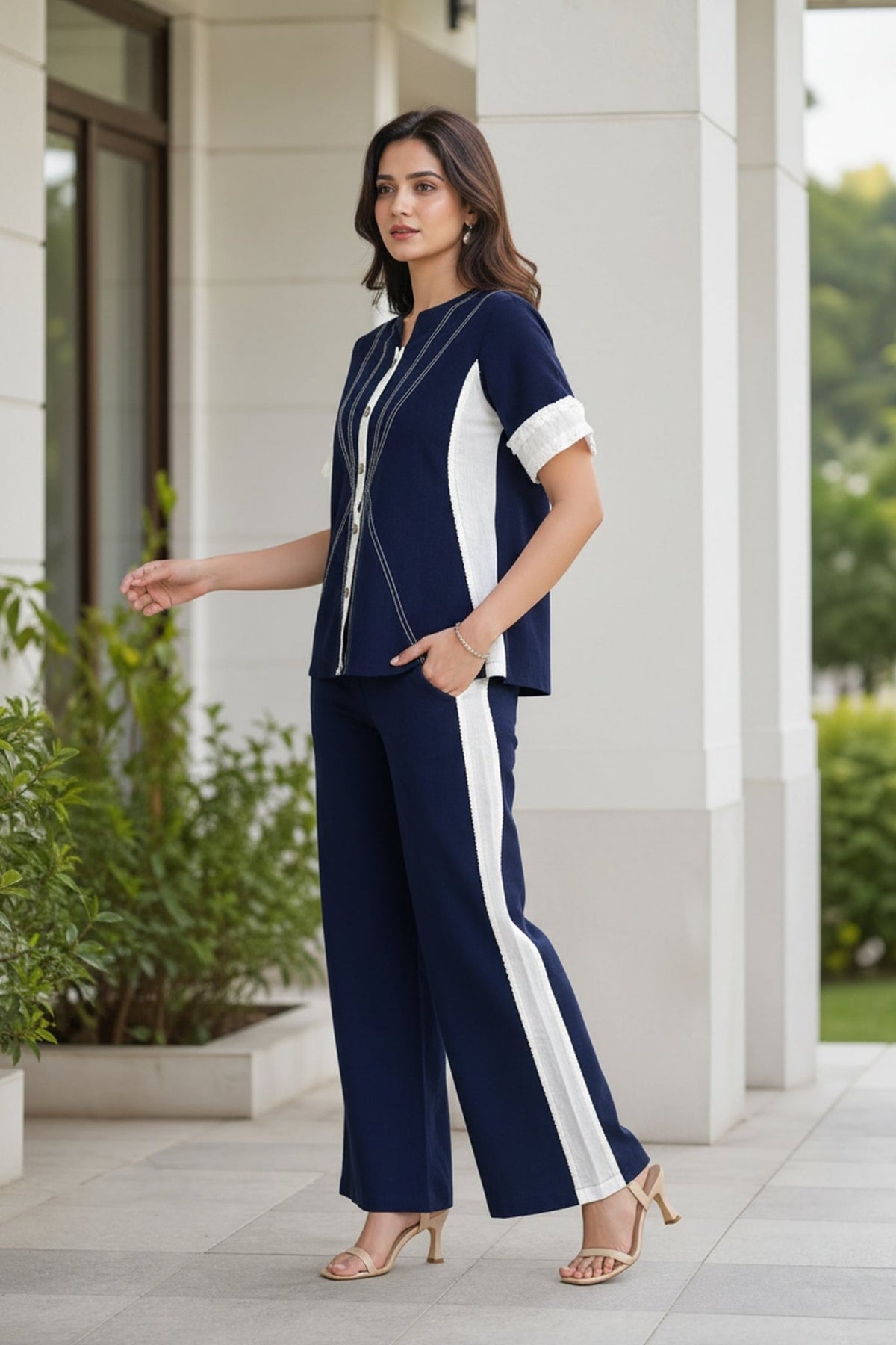 Chic Navy Blue Button Down Top & Wide Leg Trouser Co-Ord set - Freyaa
