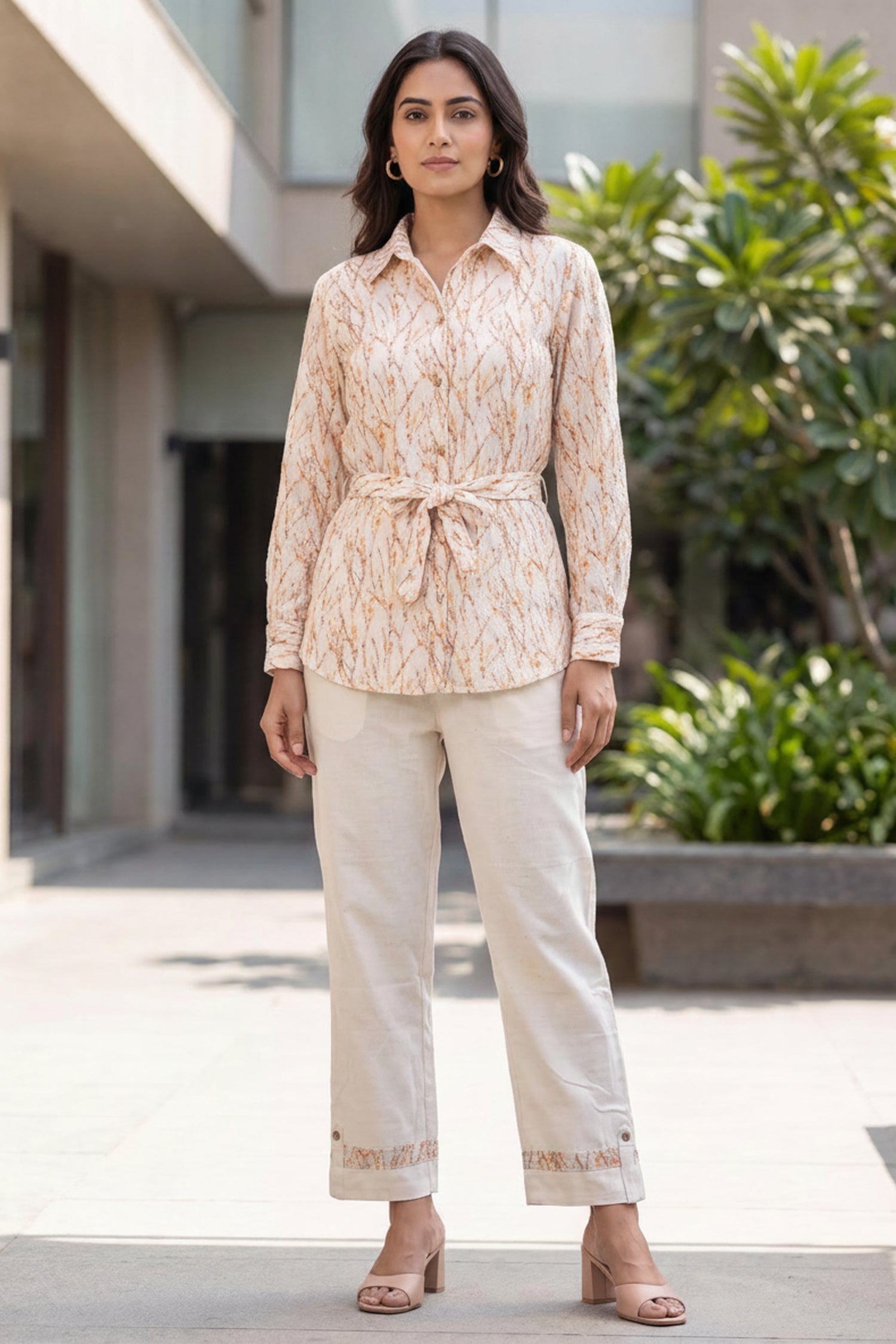 Light Peach Pink Patterned Tie- Waist Cotton Co-Ord Set