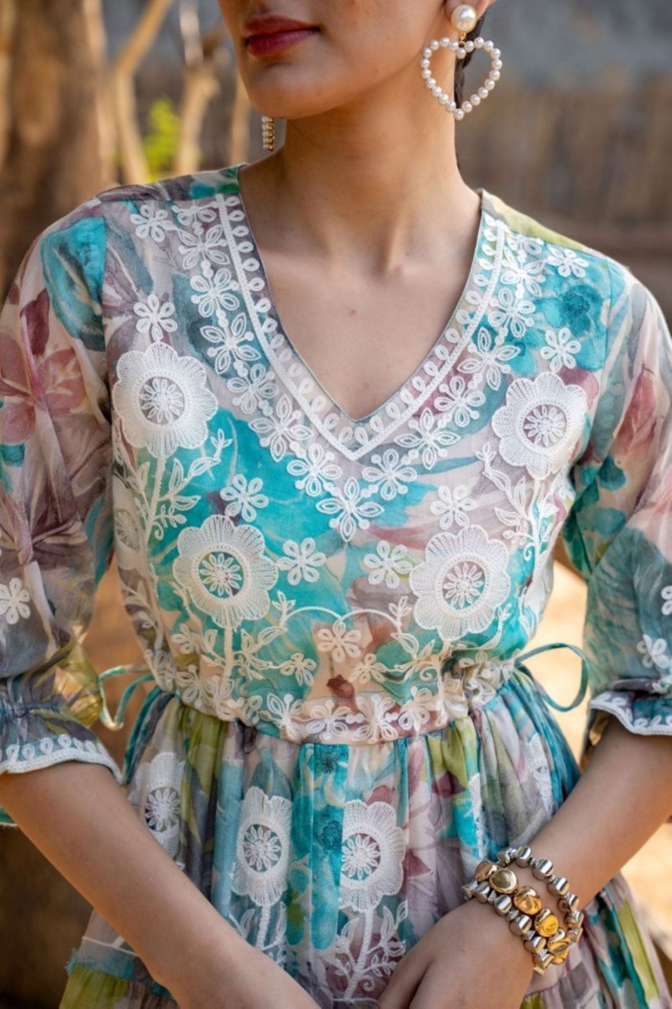 Sea Green Tunic with Multi-Design Embroidery - Freyaa USA & Canada