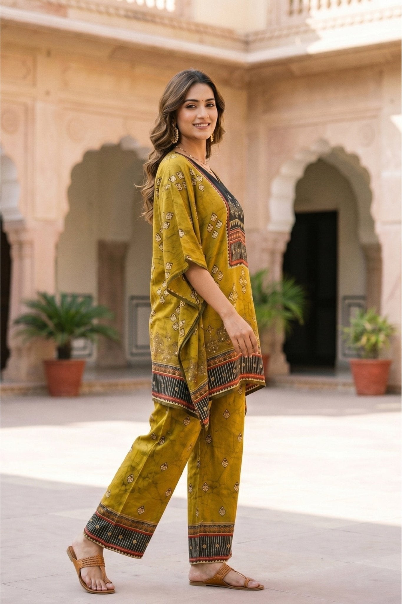 Rich Yellow Kaftan Cord Set in Chinon Silk - Freyaa USA & Canada