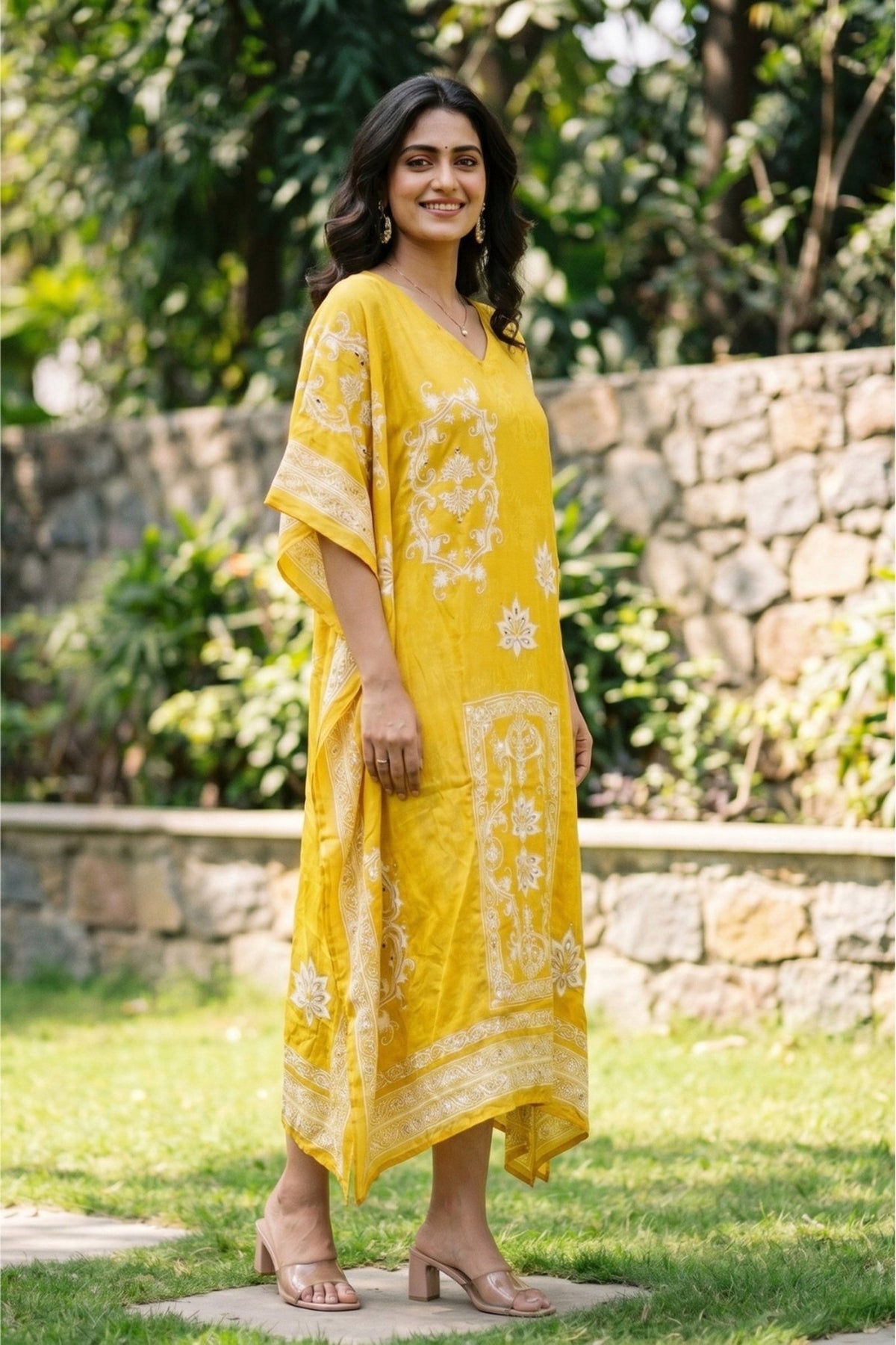 Long Yellow Chinon Silk Kaftan with Digital Print - Freyaa USA & Canada