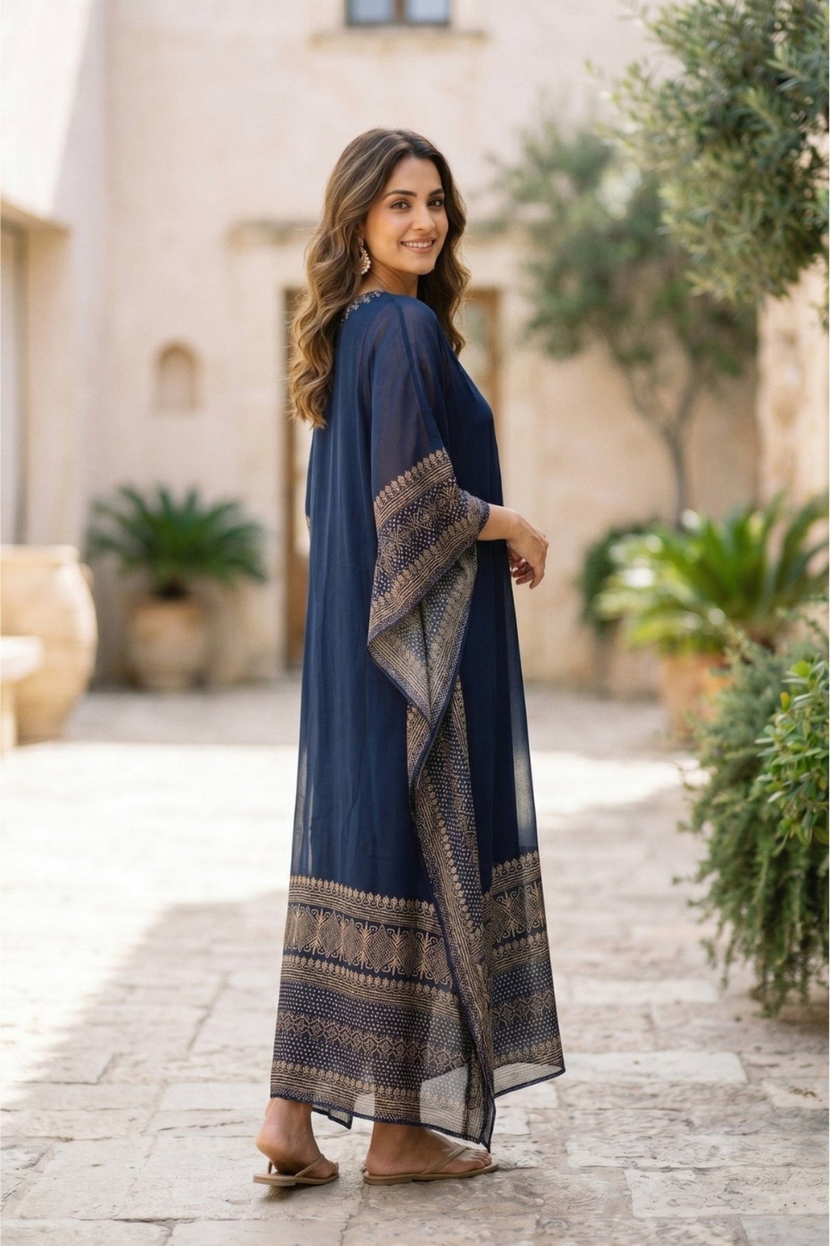 Gold Hand Embroidery Navy Blue Kaftan. - Freyaa USA & Canada
