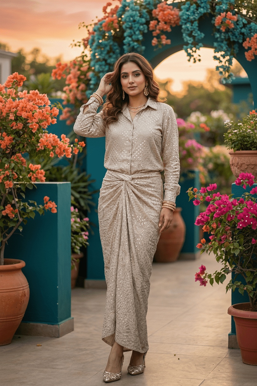 Beige Dhoti Style Skirt & Shirt Co-ord Set - Freyaa USA & Canada
