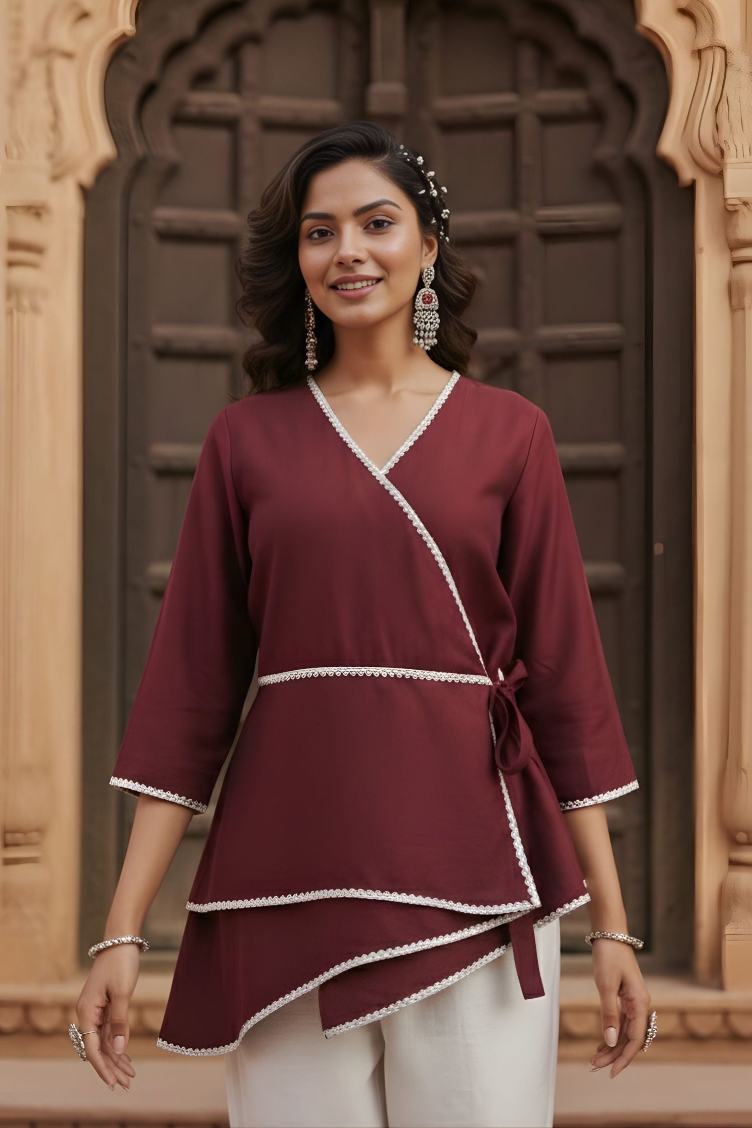 Maroon Wrap-Style Asymmetric Top