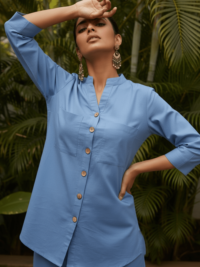 Blue Solid Chic Cotton Cord Set - Freyaa USA & Canada