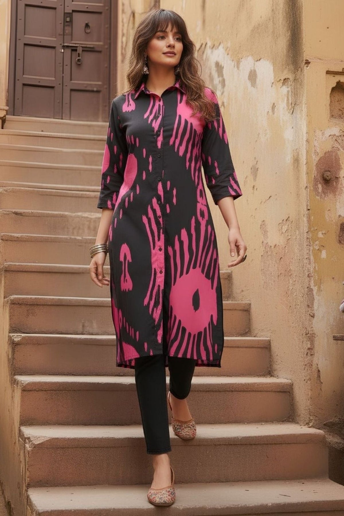 Abstract Printed Pink Black Shirt Midi Dress - Freyaa USA & Canada