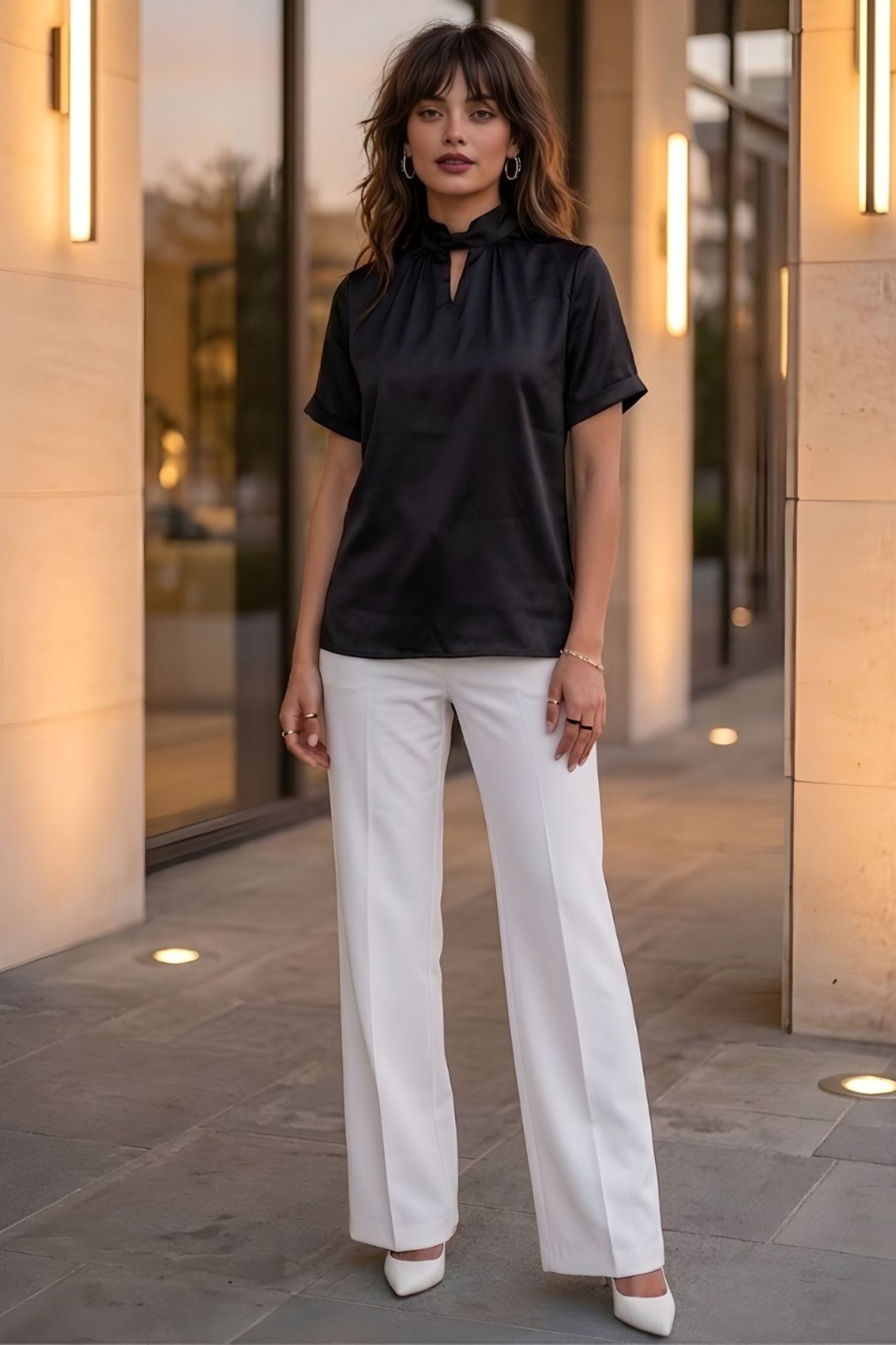 Black Satin Keyhole Neck Top