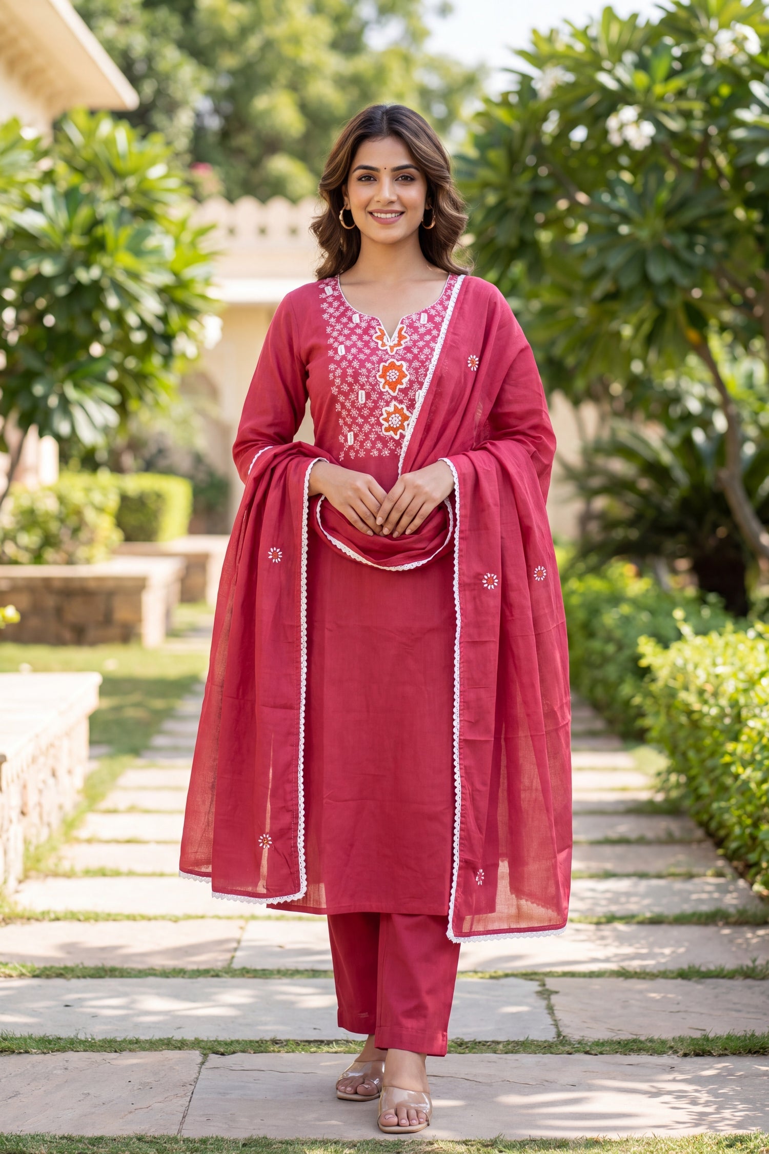 Freyaa Mul Cotton Pink Embroidered Straight Kurta Set with Dupatta