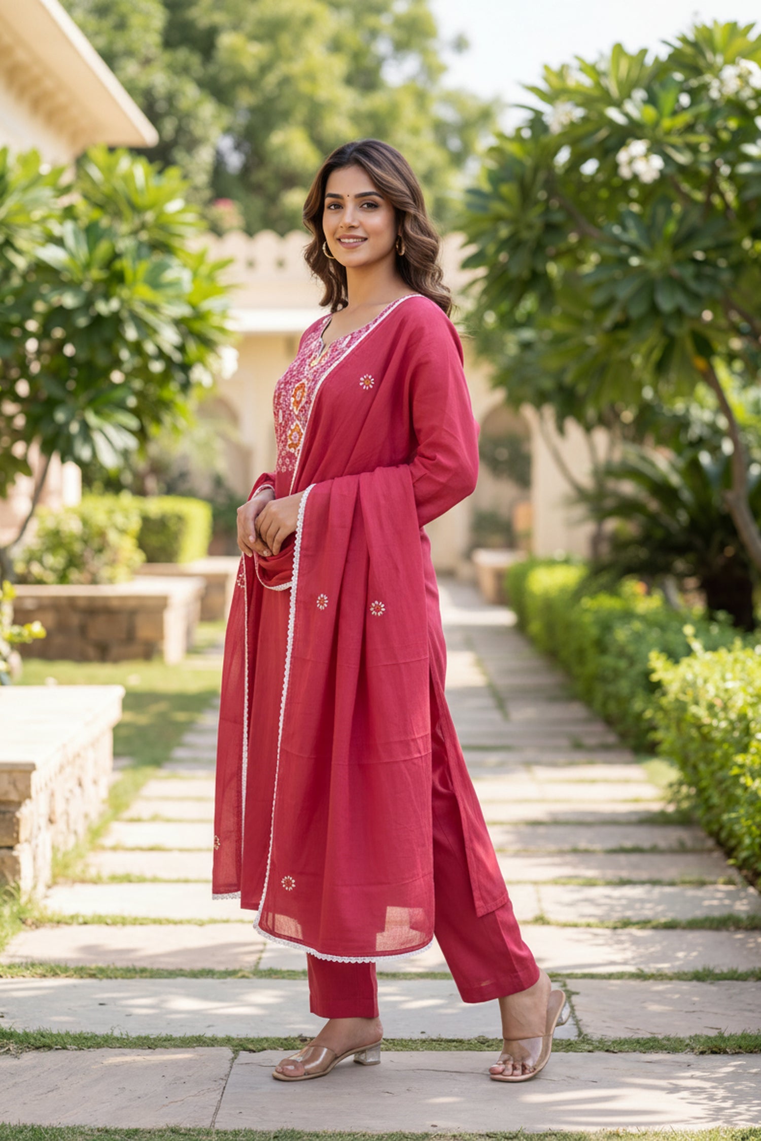 Freyaa Mul Cotton Pink Embroidered Straight Kurta Set with Dupatta