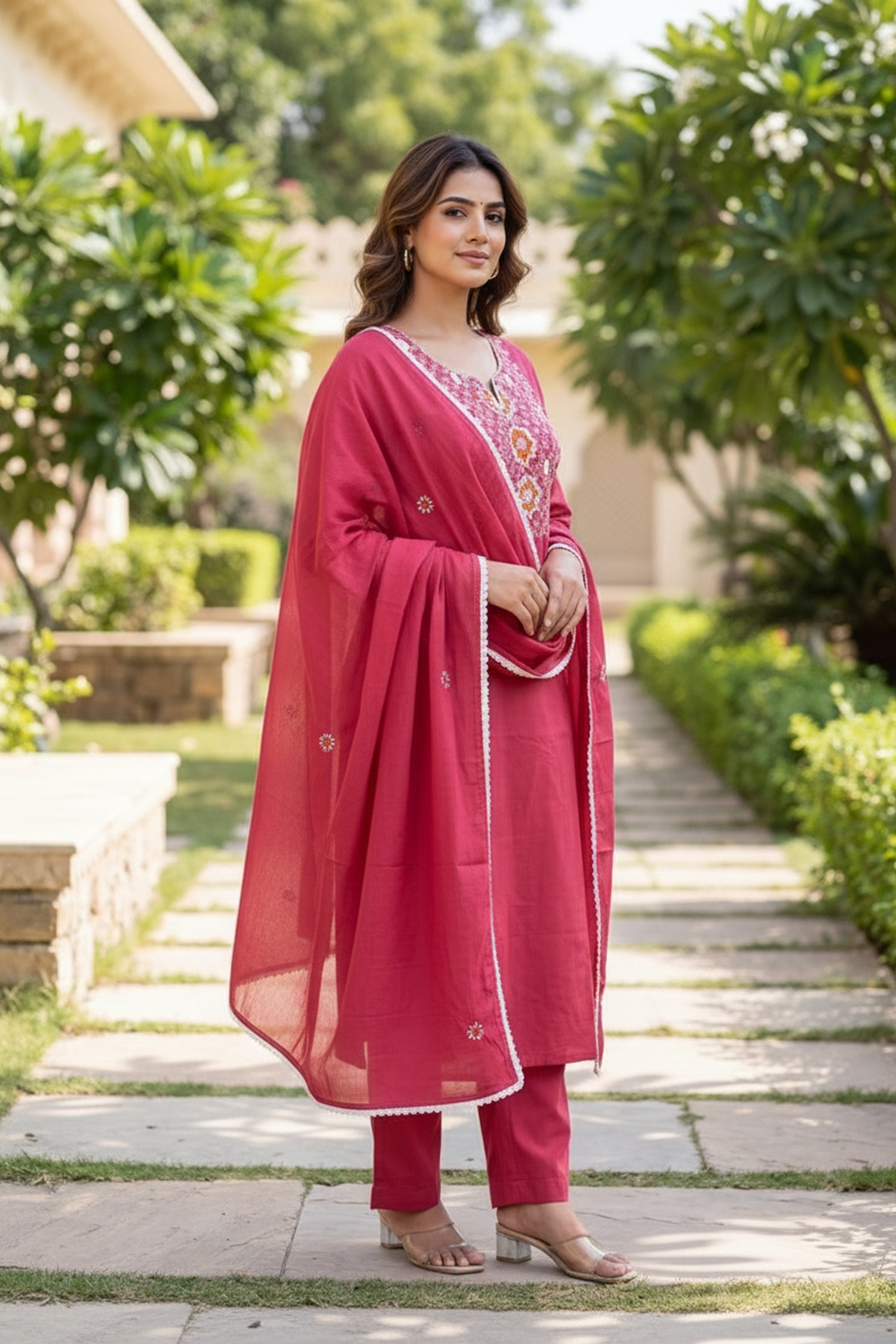 Freyaa Mul Cotton Pink Embroidered Straight Kurta Set with Dupatta