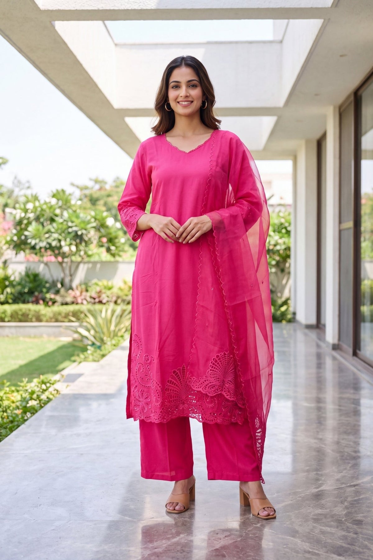 Freyaa Magenta Pink Mul Chanderi Straight Kurta Set With Intricate Cutwork Lace Hem and Dupatta. - Freyaa
