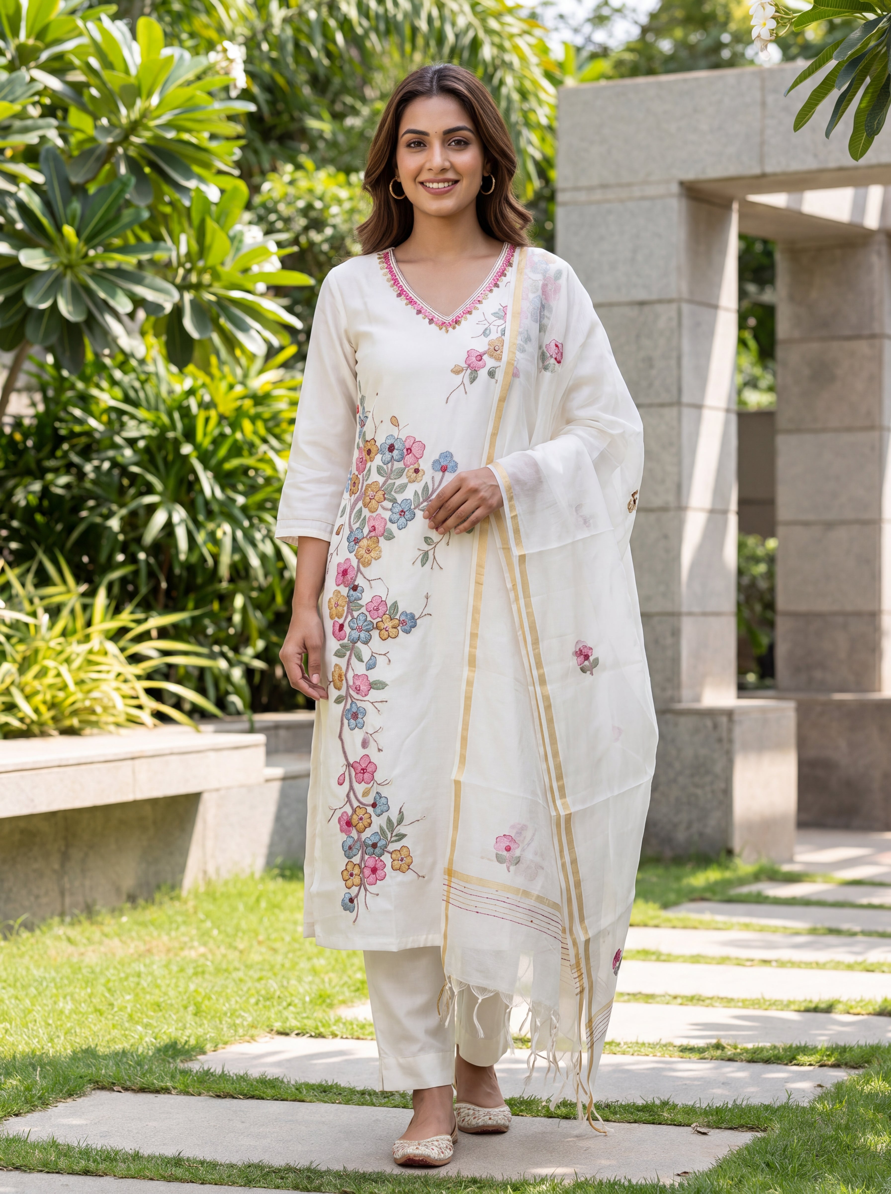 Off-White Floral Hand-Embroidered Mul Chanderi Kurta Set with Dupatta