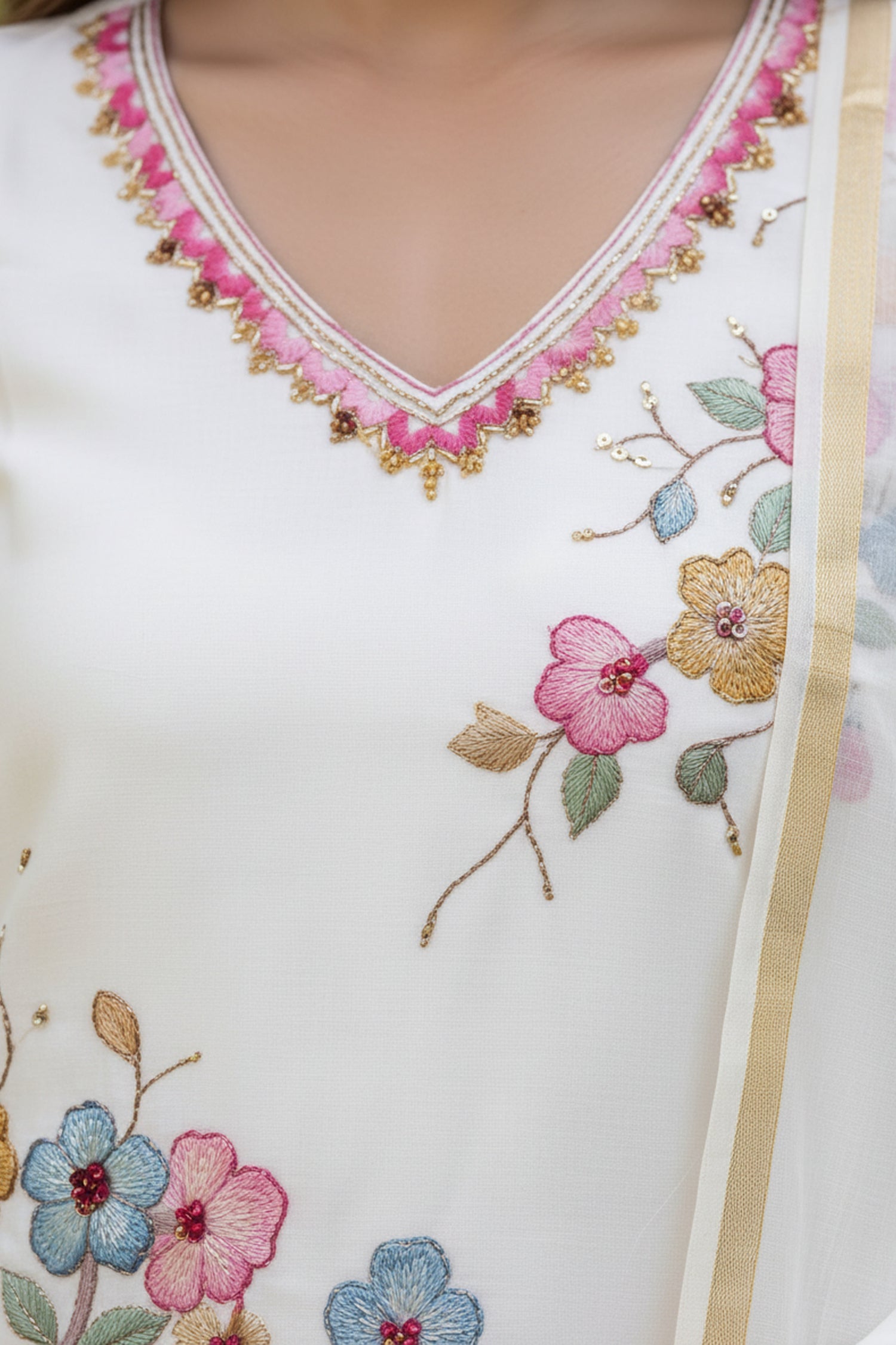 Off-White Floral Hand-Embroidered Mul Chanderi Kurta Set with Dupatta