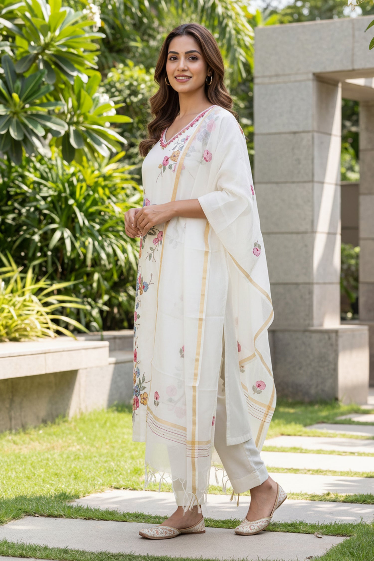 Off-White Floral Hand-Embroidered Mul Chanderi Kurta Set with Dupatta