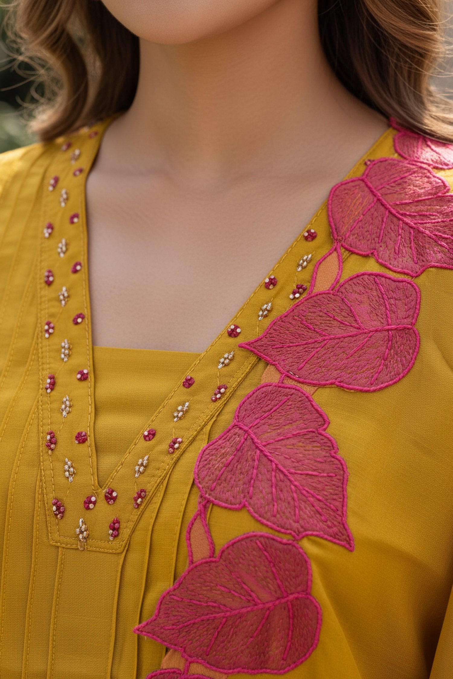 Mustard Pink Leaf Embroidered Three Piece Suit