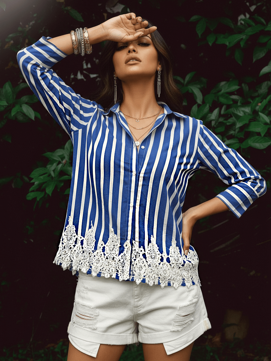 Blue Cotton Shirt with Lace Work - Freyaa USA & Canada
