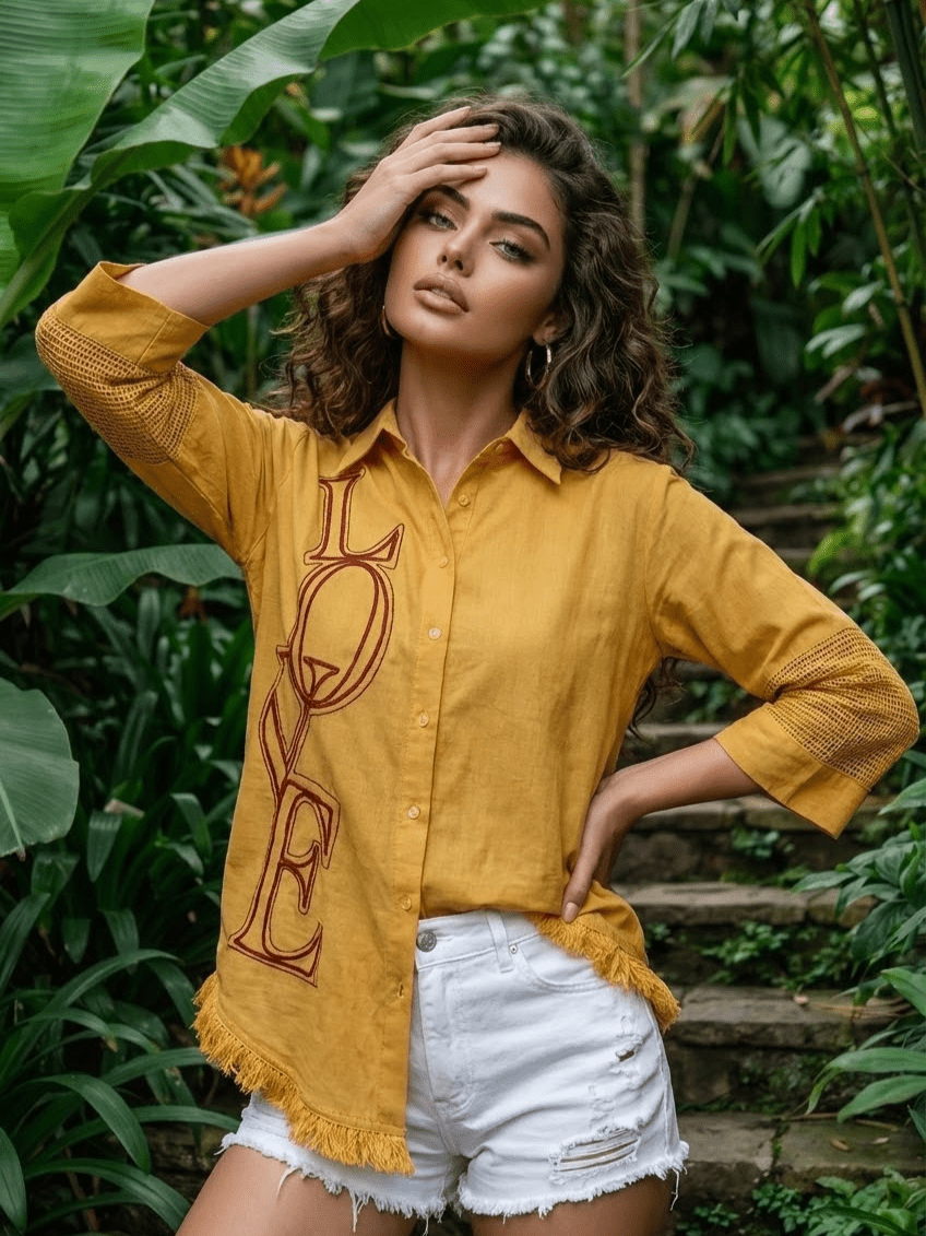 Mustard Yellow Printed Women's Shirt - Freyaa USA & Canada