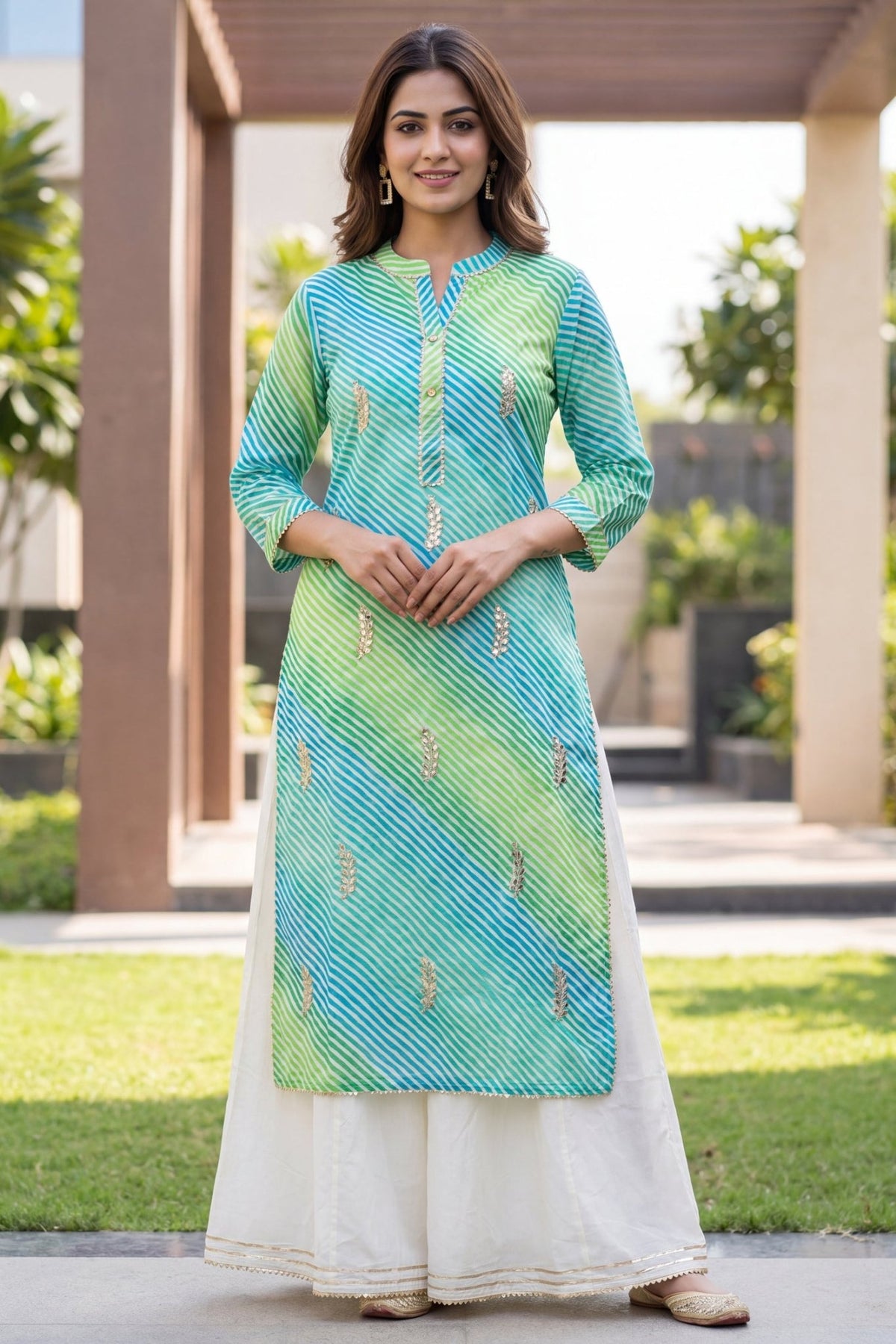 Teal Green & Yellow Striped Anarkali Kurta Set with Off-White Pleated A-Line Inner - Freyaa