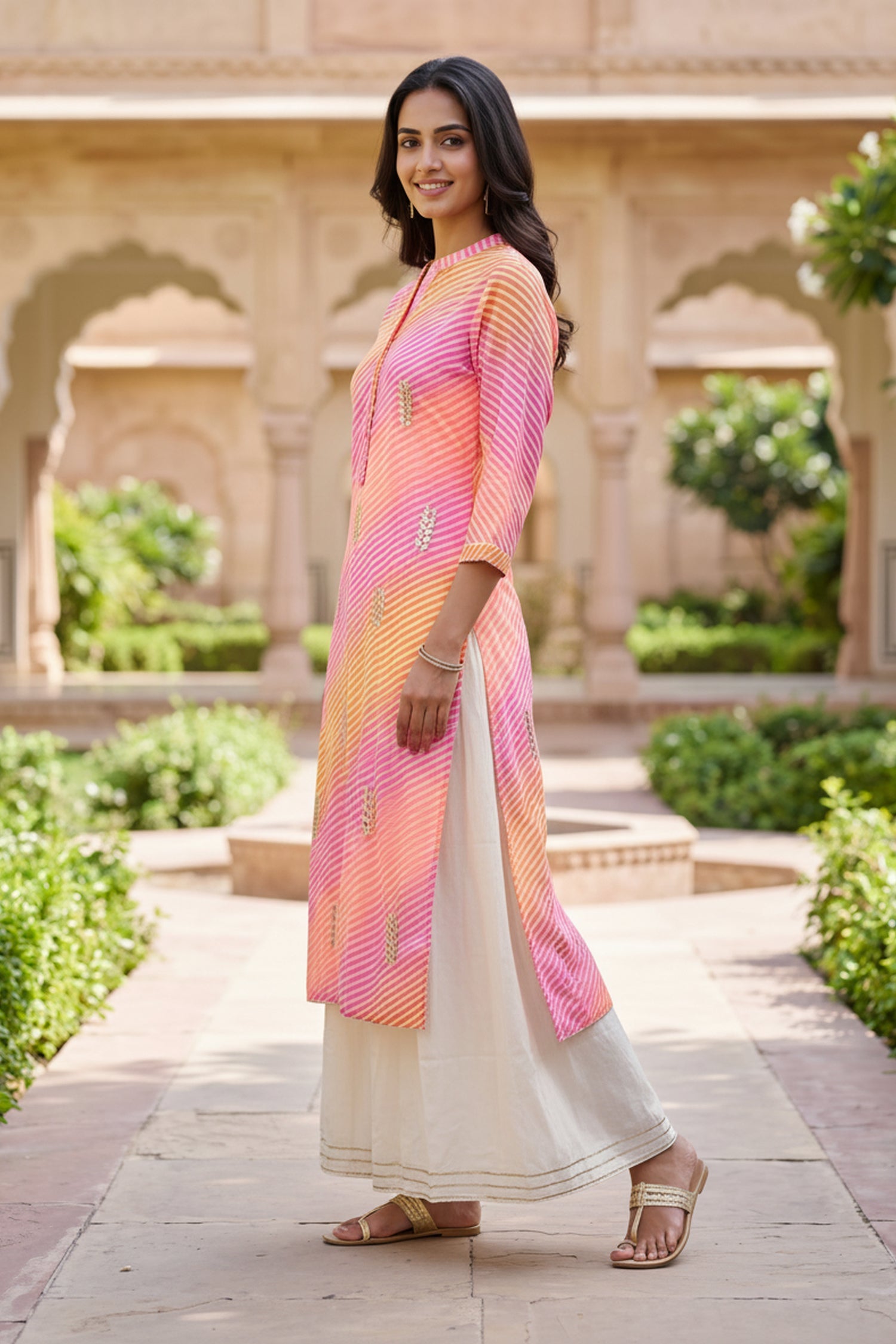 Pink & Yellow Striped Anarkali Kurta Set with off-White Pleated A-Line Inner.