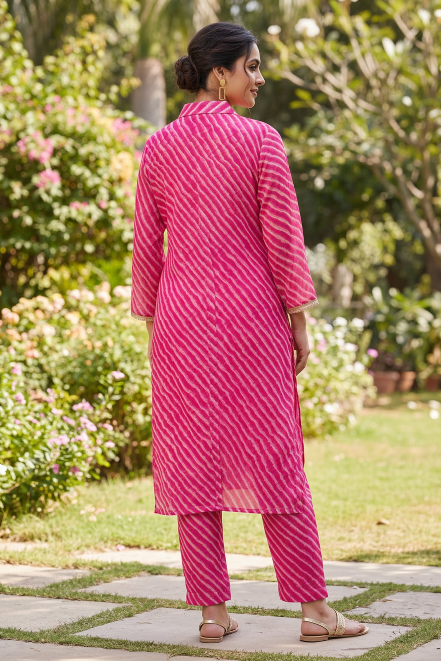 Rani Pink Georgette Leheriya Tunic With Pant Co-Ord Set.