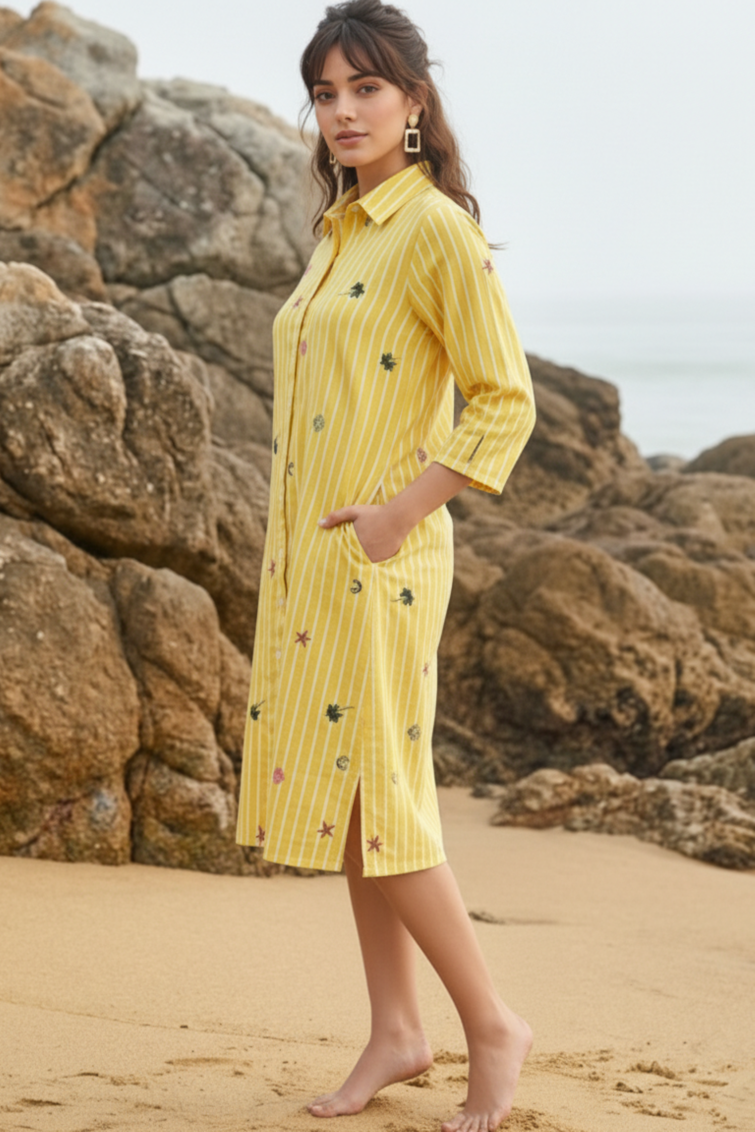 Yellow Striped Embroidered Shirt Dress