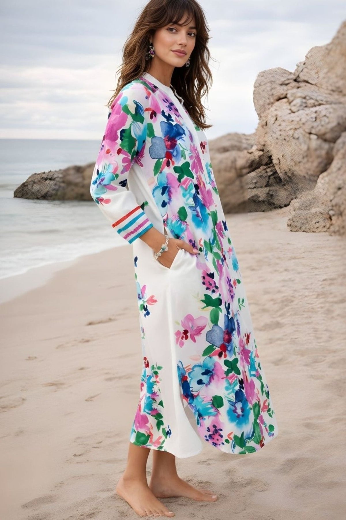 White Floral Vibrant A-Line Long Shirt Dress - Freyaa USA & Canada