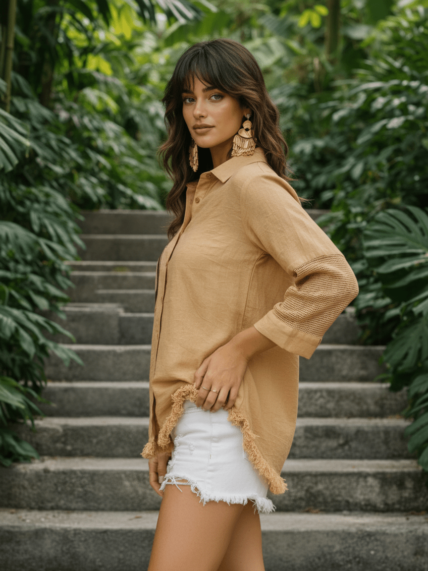 Beige Embroidered Love Shirt with Fringe Hem - Freyaa USA & Canada