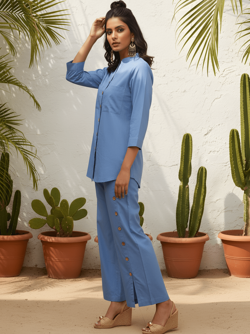 Blue Solid Chic Cotton Cord Set - Freyaa USA & Canada