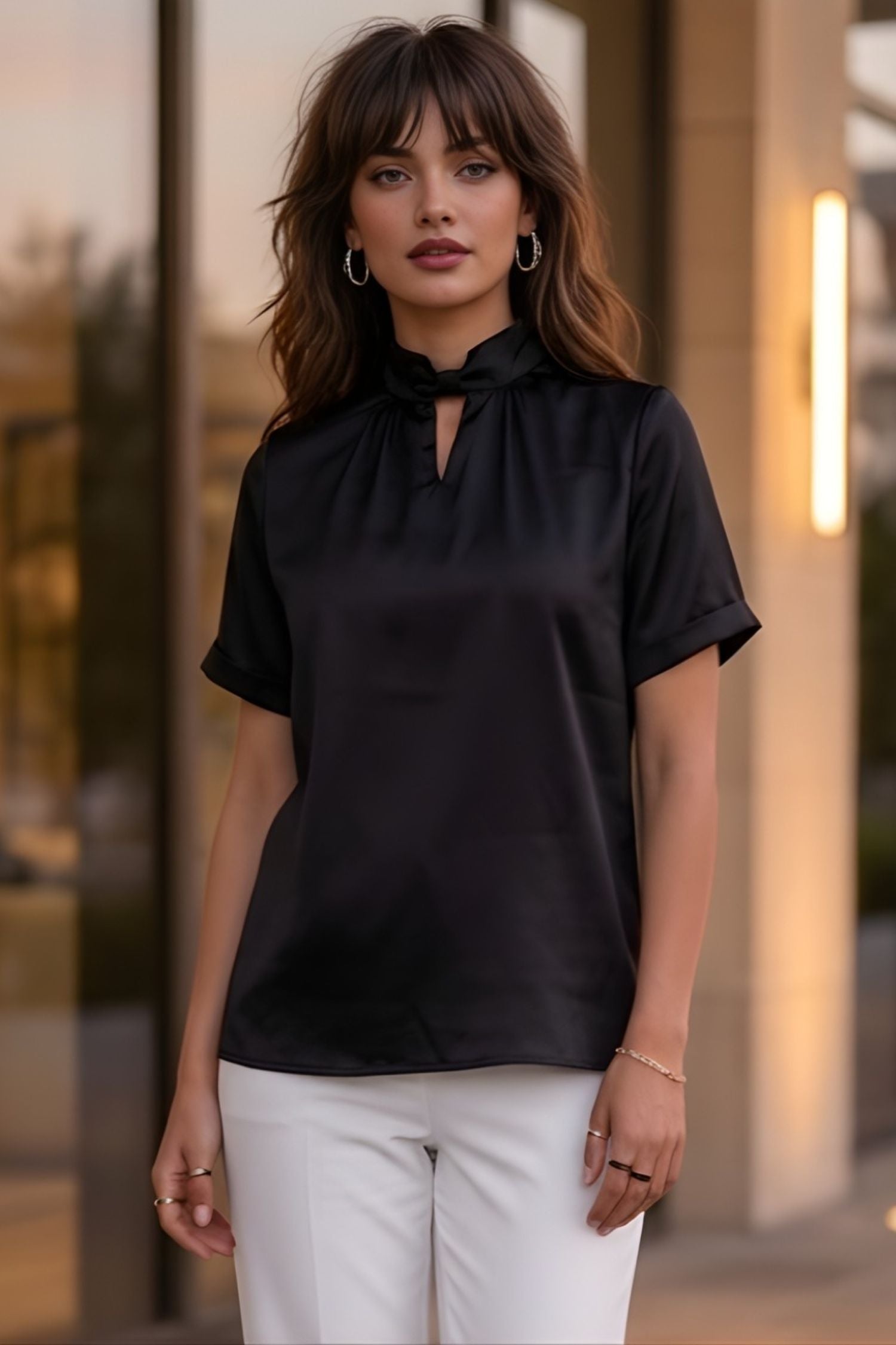 Black Satin Keyhole Neck Top
