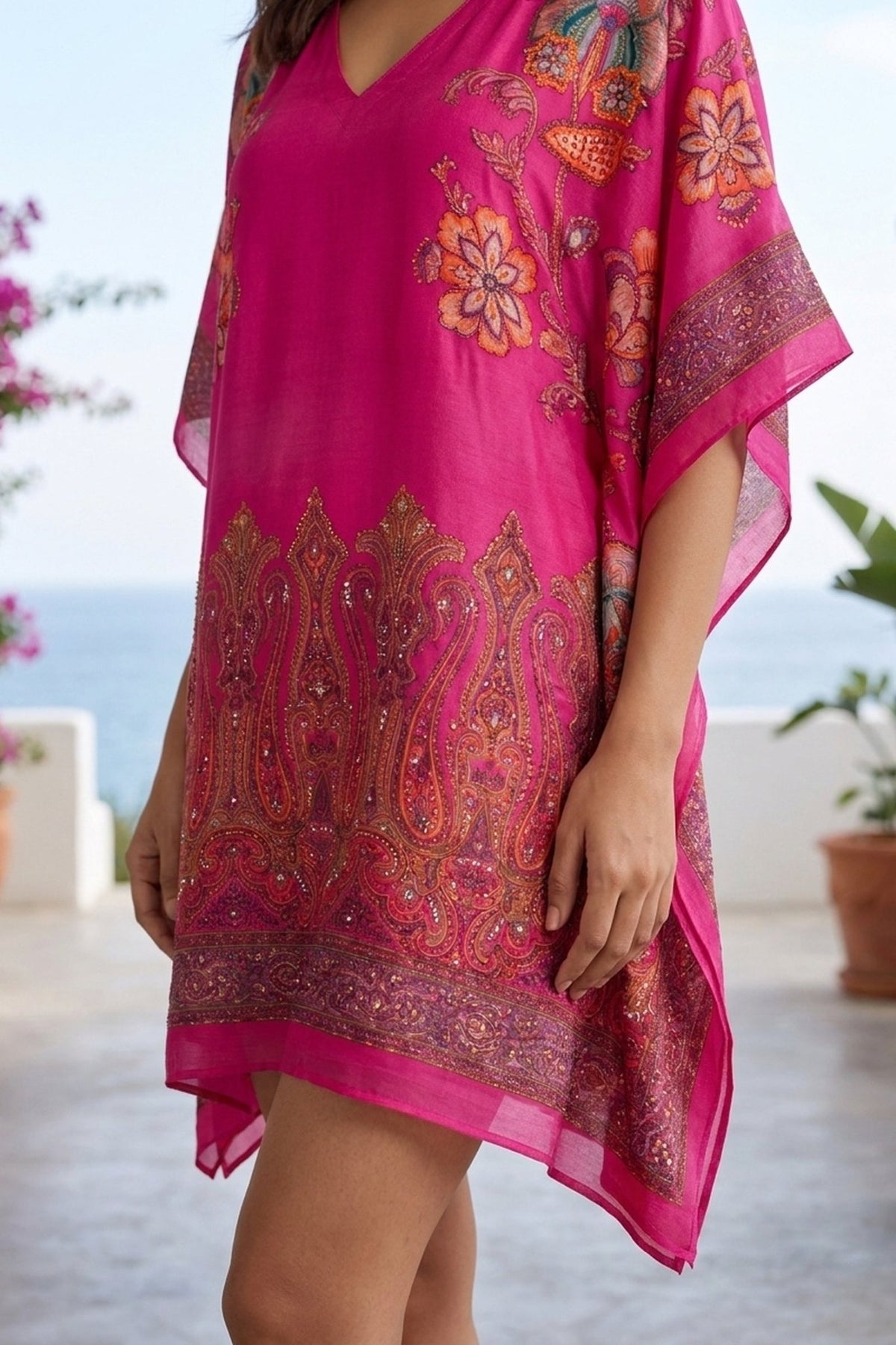 Fuchsia Pink Printed Short Kaftan Dress - Freyaa USA & Canada