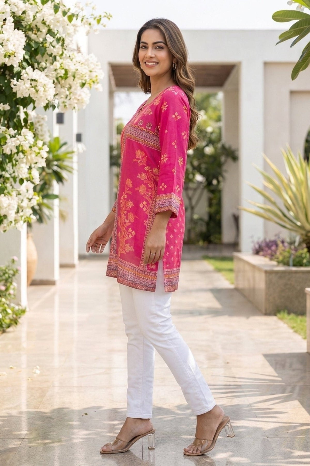 Fuchsia Pink Printed Straight Short Kurti Top - Freyaa USA & Canada