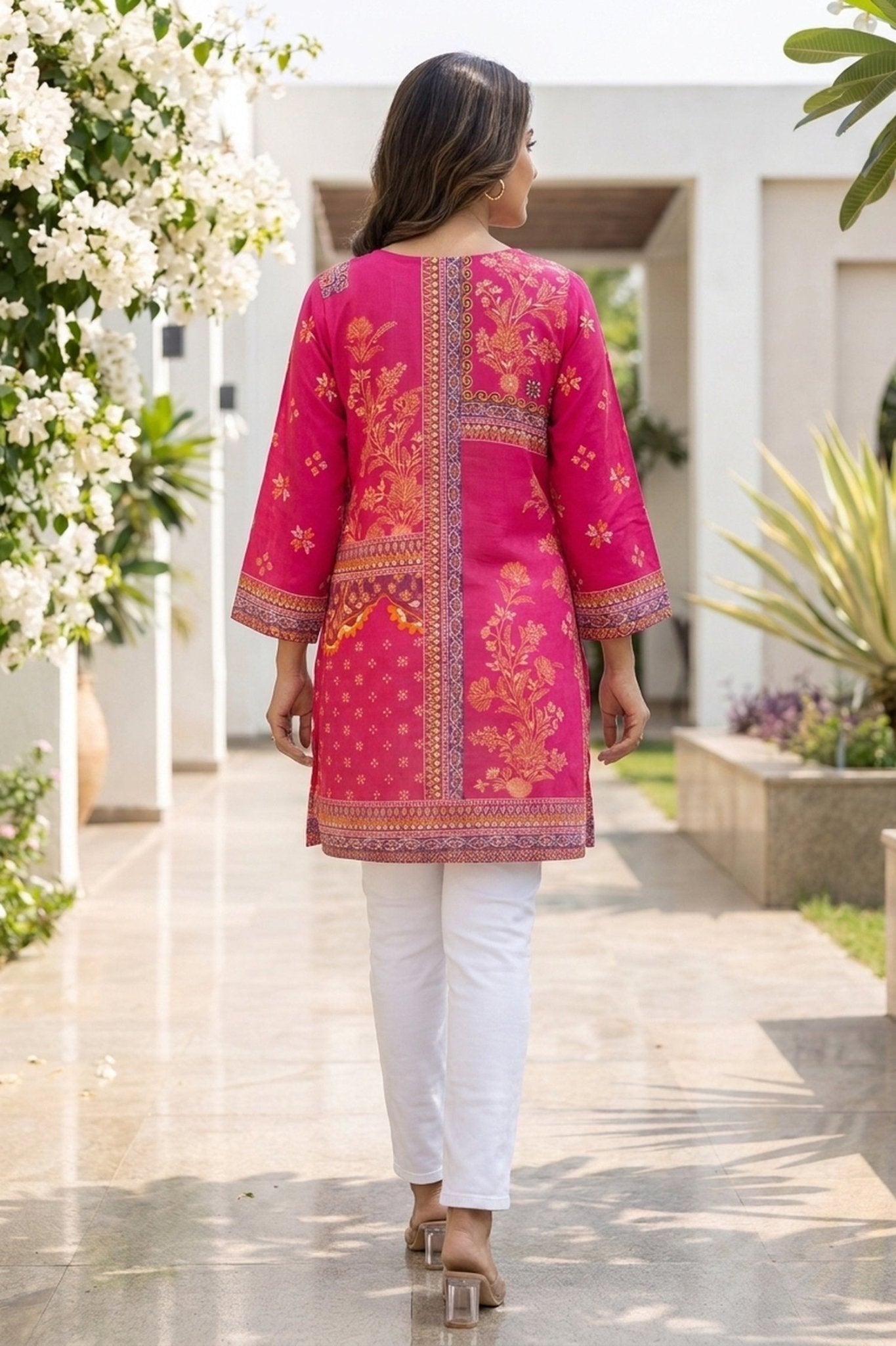 Fuchsia Pink Printed Straight Short Kurti Top - Freyaa USA & Canada