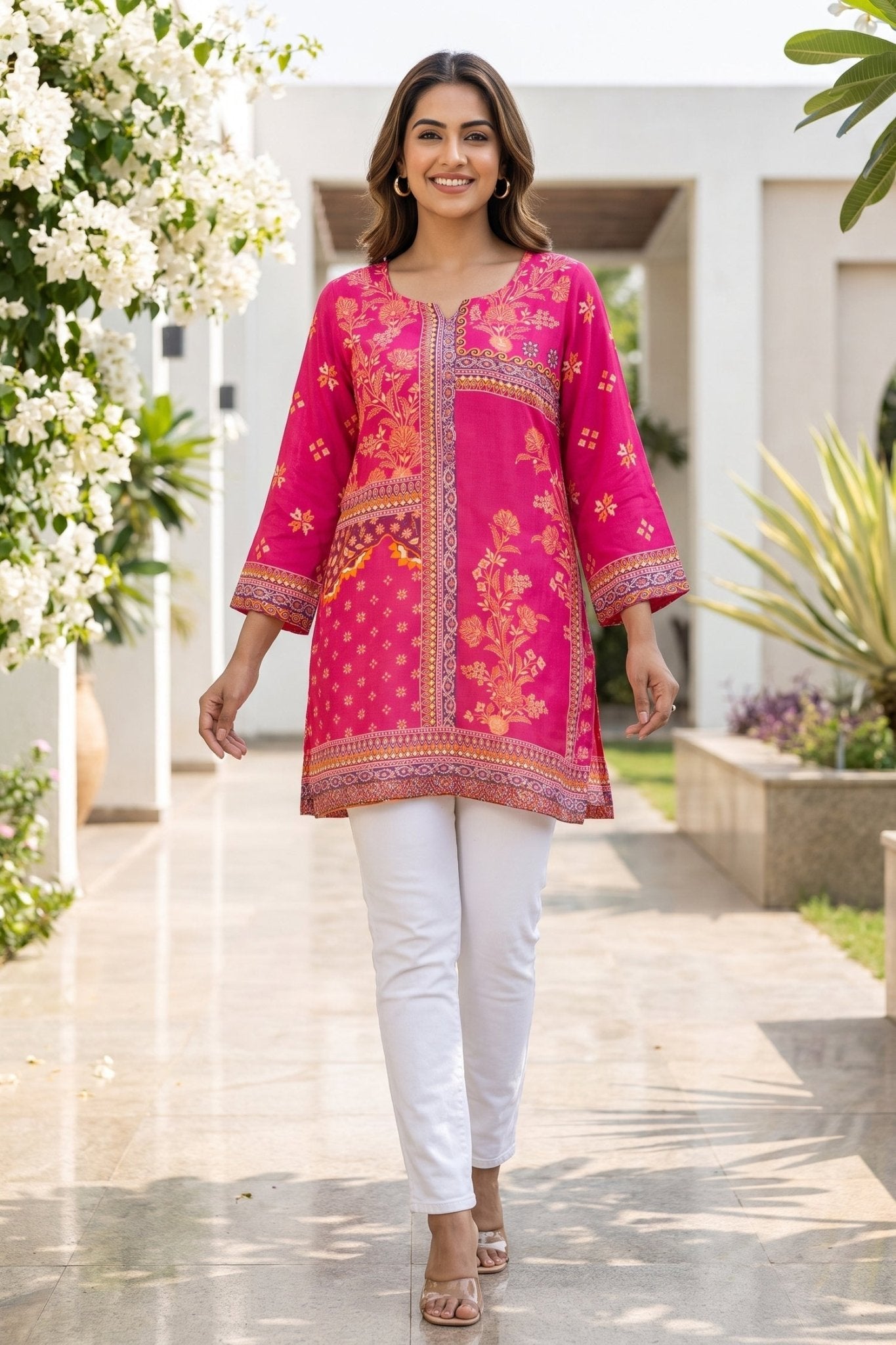 Fuchsia Pink Printed Straight Short Kurti Top - Freyaa USA & Canada