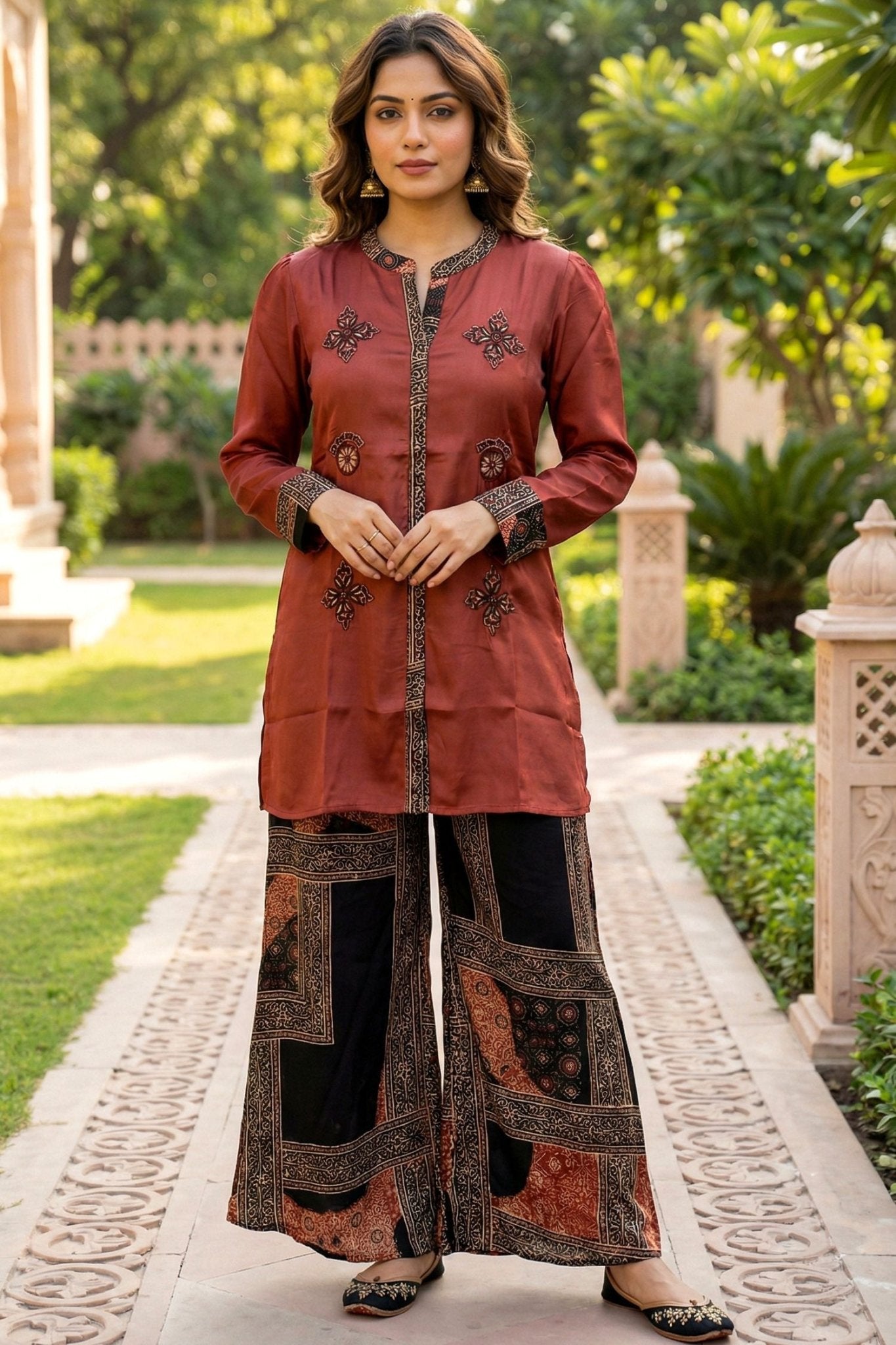 Brown Embroidered Top Printed Bottom Cord Set - Freyaa USA & Canada