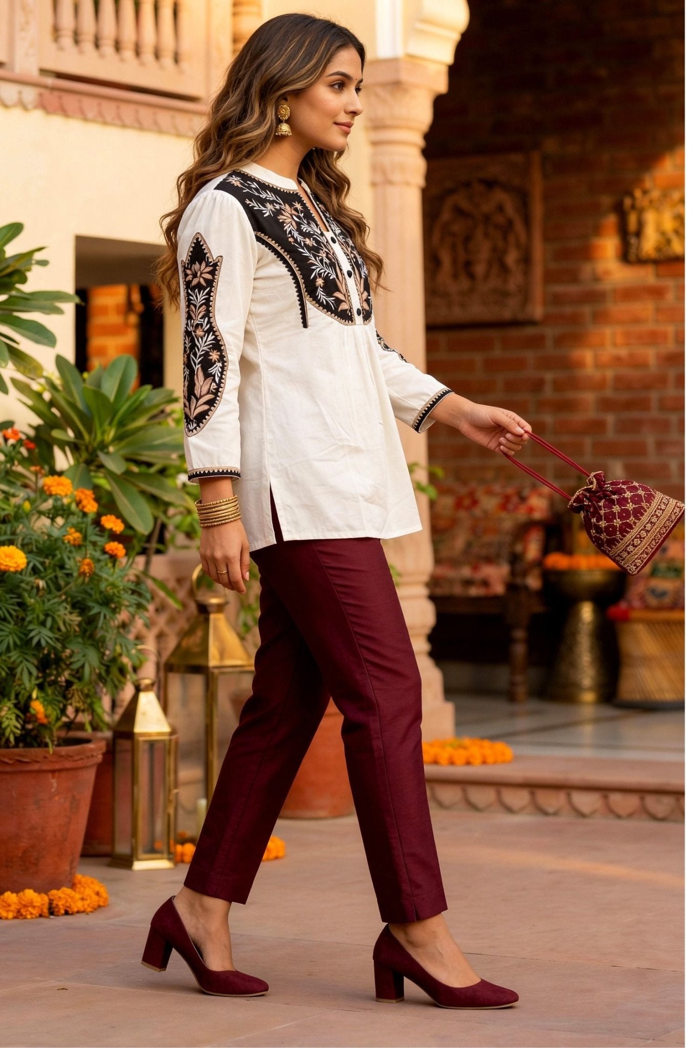 White Aura Line Pattern A-Line Top with Floral Neck - Freyaa USA & Canada