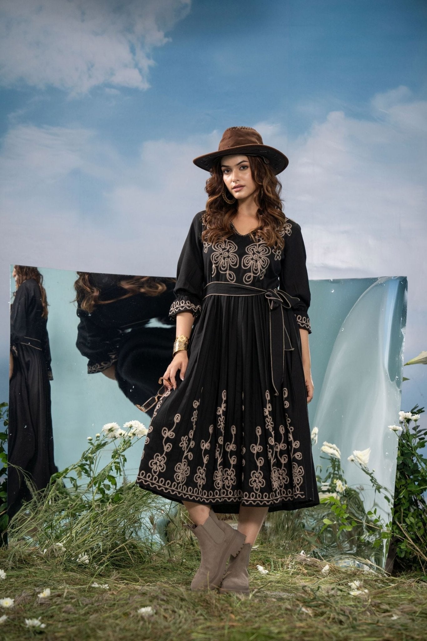 Black Long Dress with Elegant Thread Embroidery & Belt - Freyaa USA & Canada
