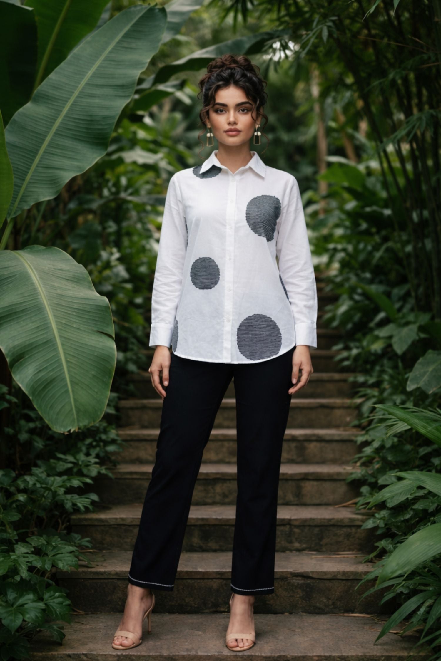 White Co-ord Set with Circular Print Shirt and Black Pants