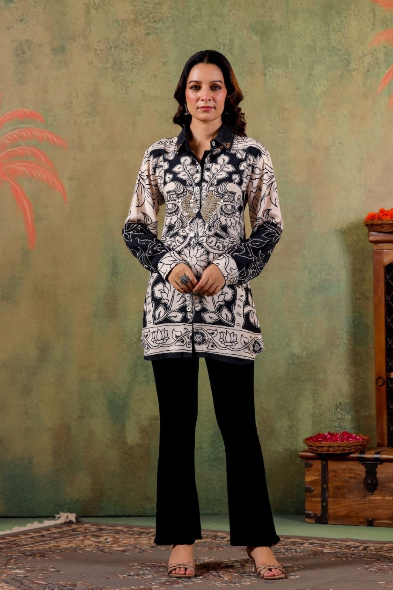 Premium Cream Sequin Embellished Printed Shirt - Freyaa USA & Canada