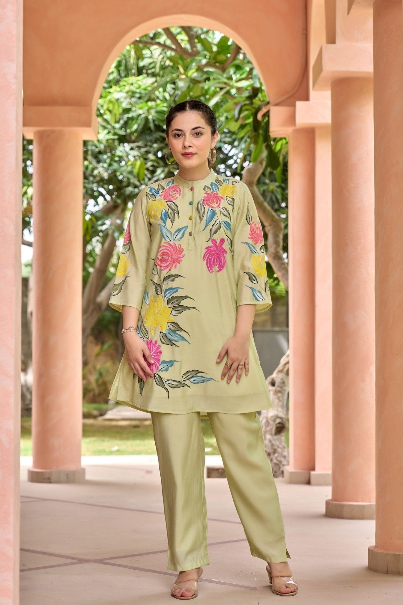 Pista Green Cord Set with Floral Print Top and Solid Bottom - Freyaa USA & Canada