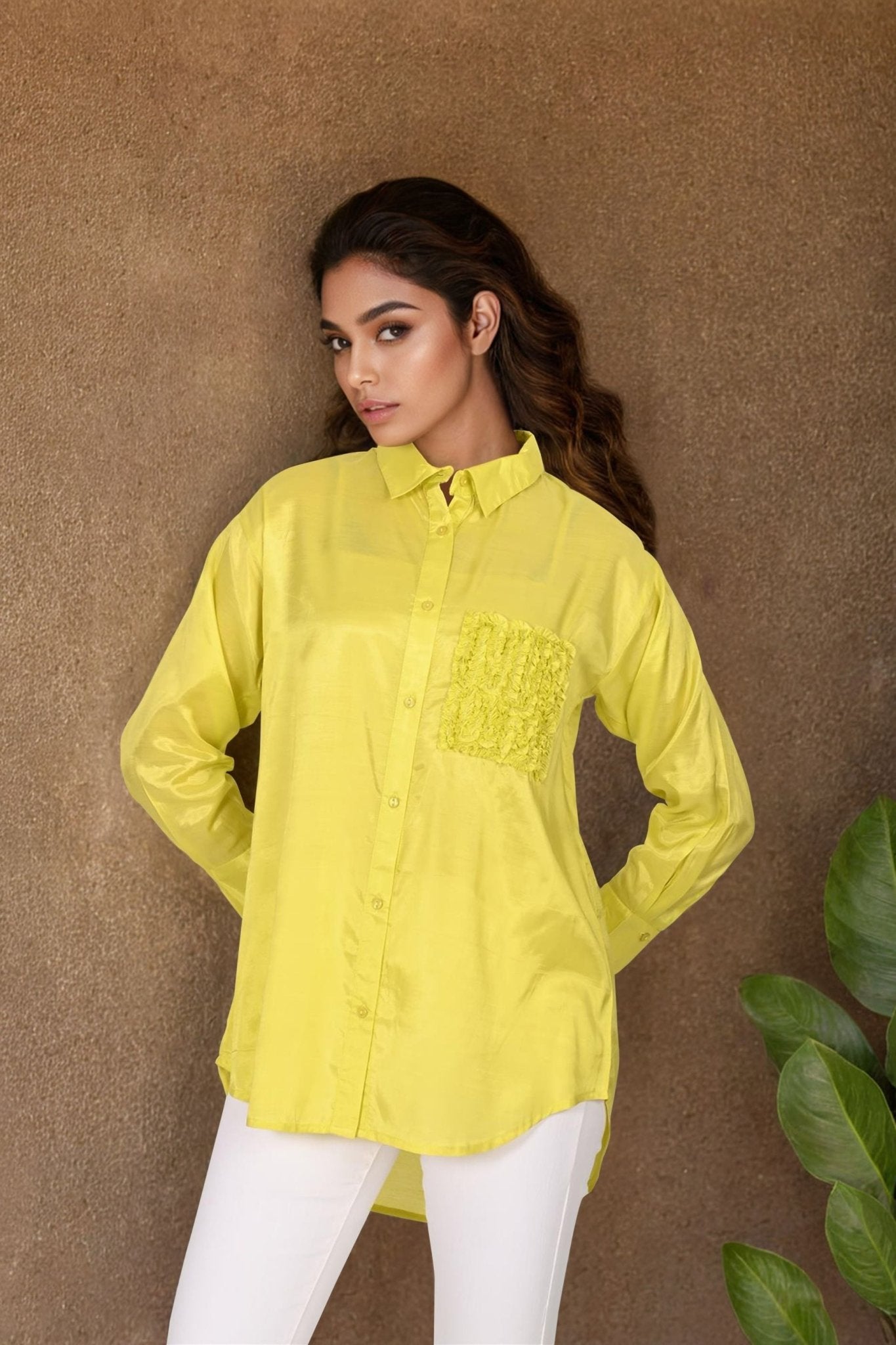 Yellow High-Low Shirt with Embroidered Pocket - Freyaa USA & Canada