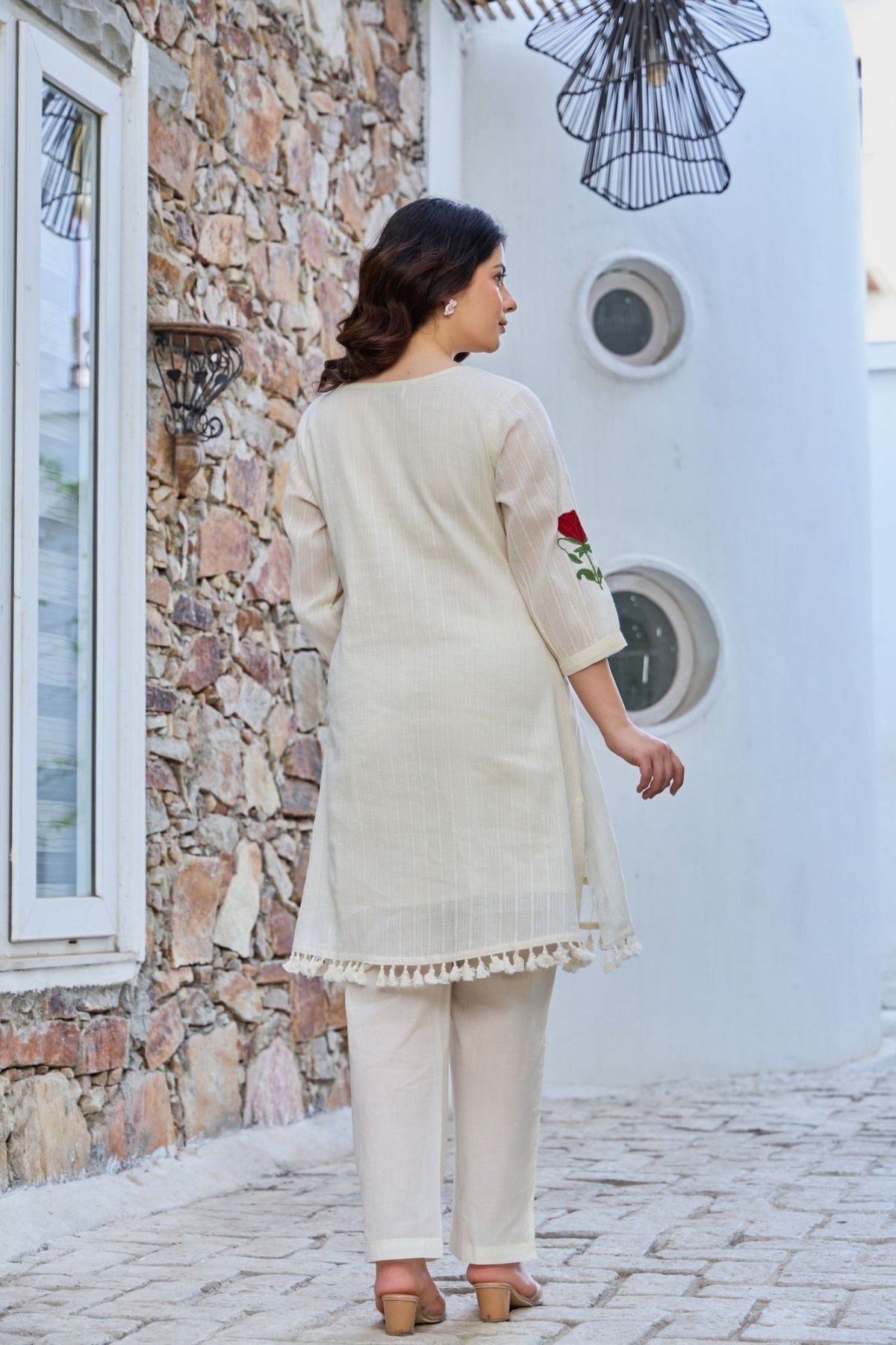 Off-White Cord Set Highlighted with Elegant Thread Embroidery - Freyaa USA & Canada