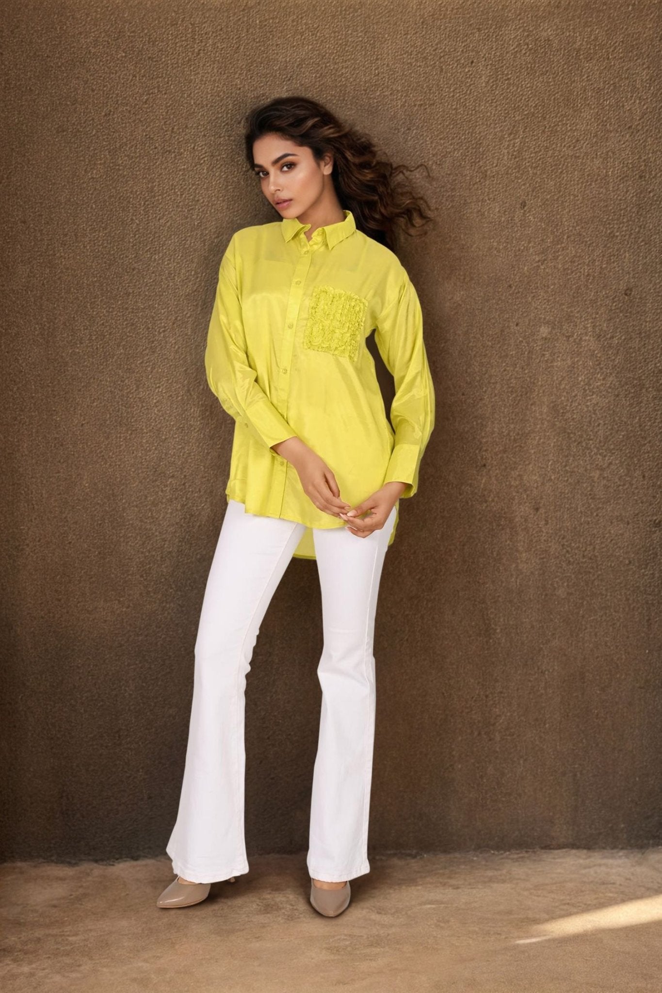 Yellow High-Low Shirt with Embroidered Pocket - Freyaa USA & Canada
