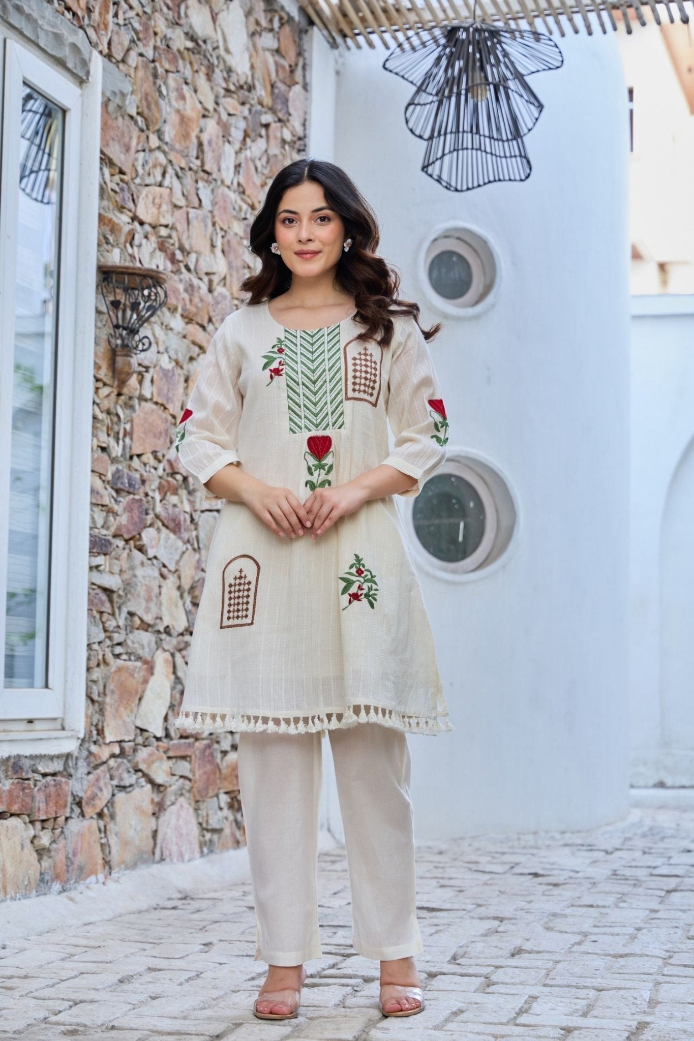 Off-White Cord Set Highlighted with Elegant Thread Embroidery - Freyaa USA & Canada