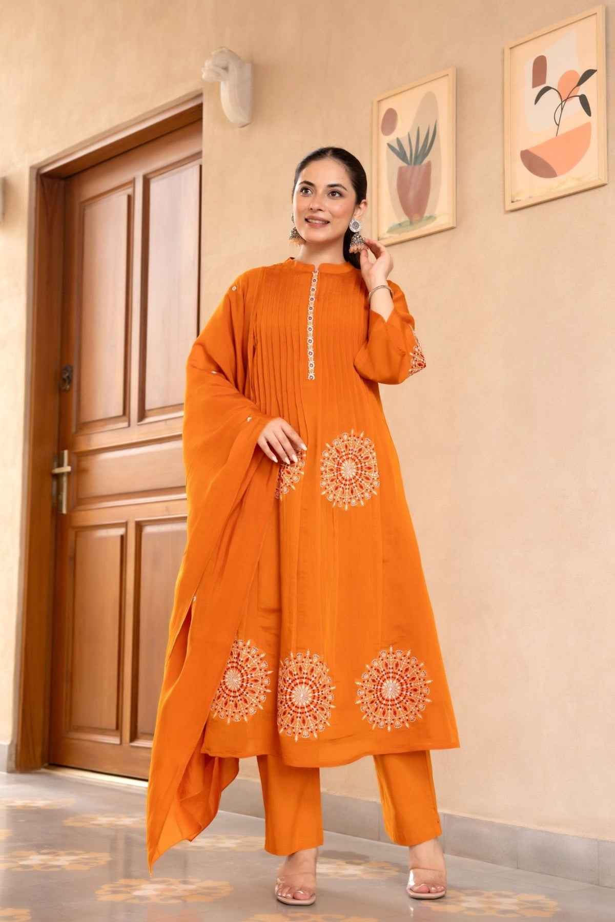 Cotton Three-Piece Ensemble with Elegant Neck Embroidery and Bold Circle Motif - Freyaa USA & Canada