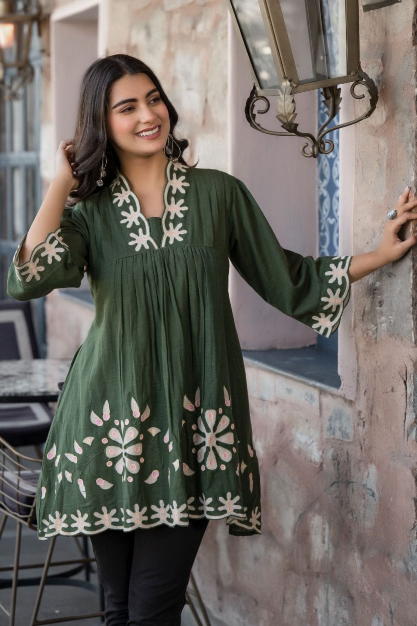 Dark Green Bloom Cotton Neck Printed Tunic - Freyaa USA & Canada